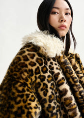 Essentiel Antwerp Leopard Print Faux Fur Coat - Black/ Brown/ Off-White