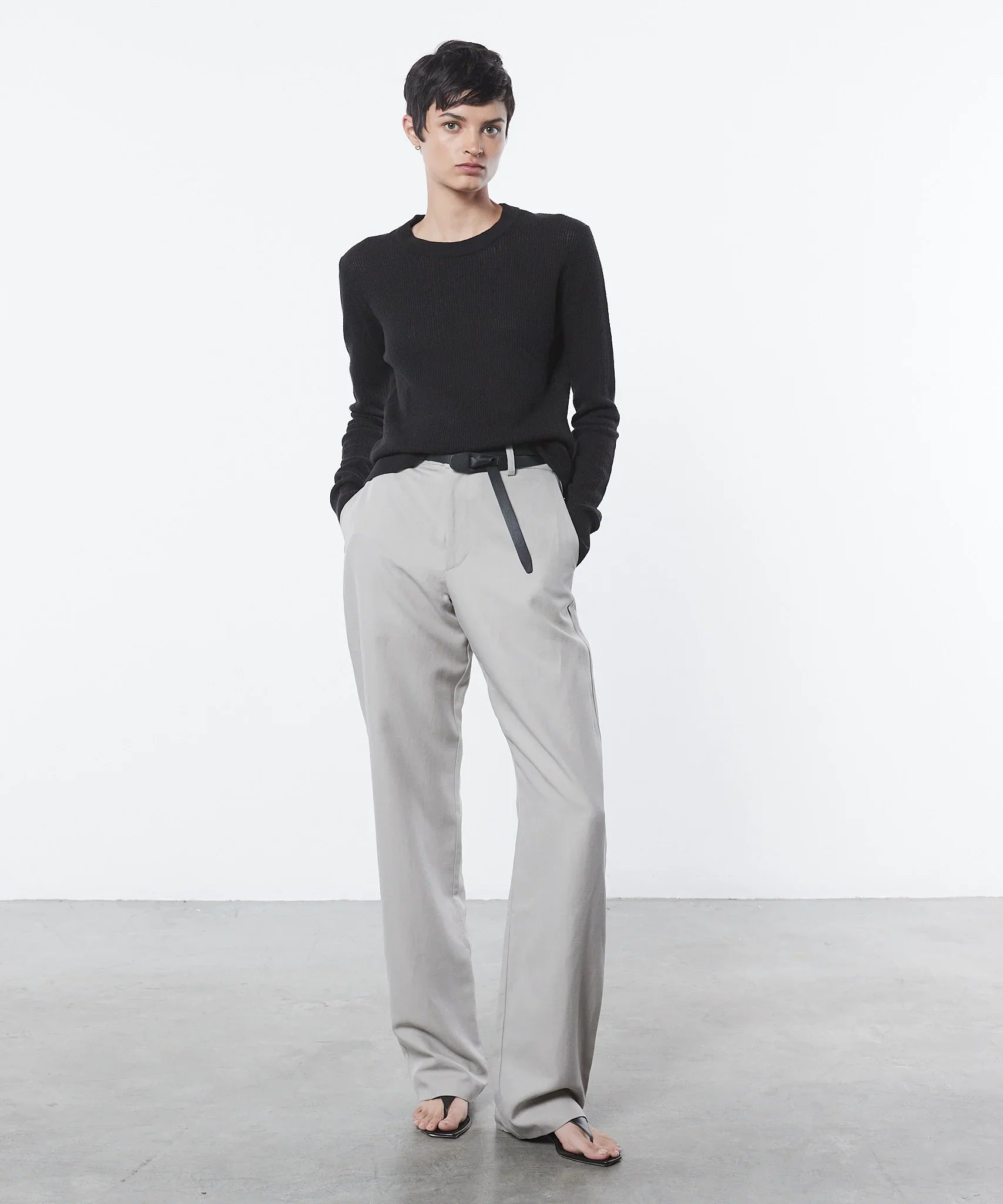 Enza Costa Linen Open Knit Crewneck Sweater - Black