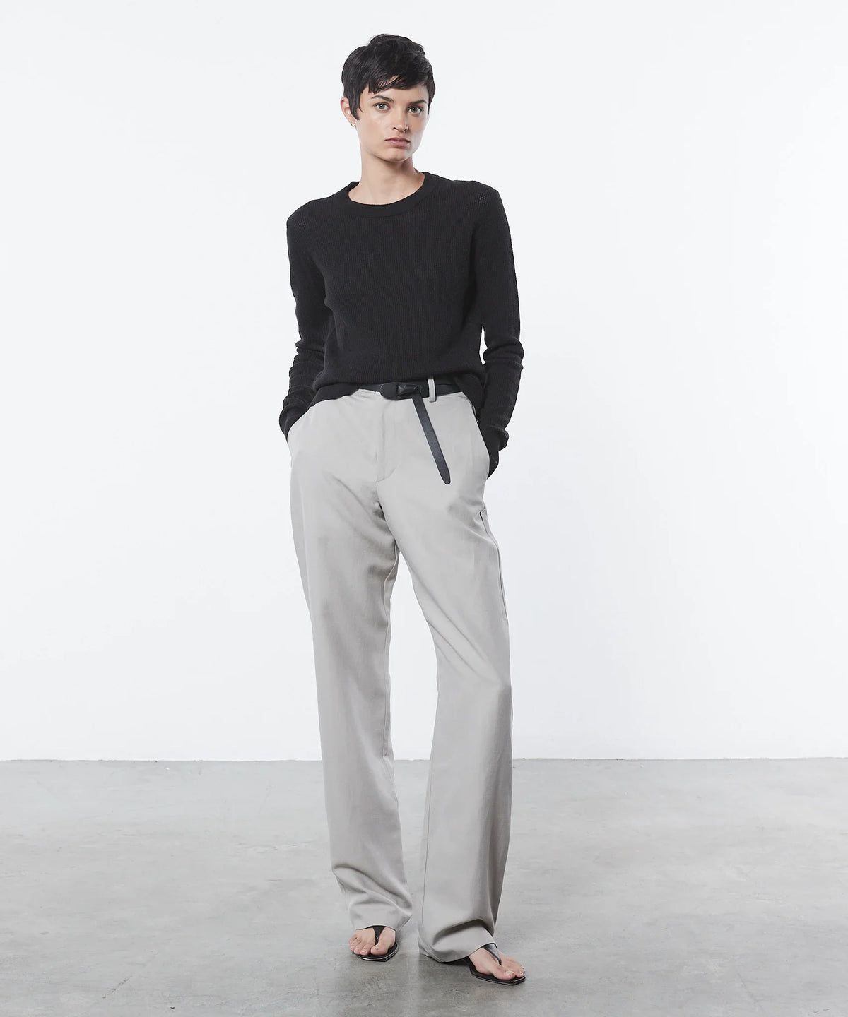 Enza Costa Linen Open Knit Crewneck Sweater - Black
