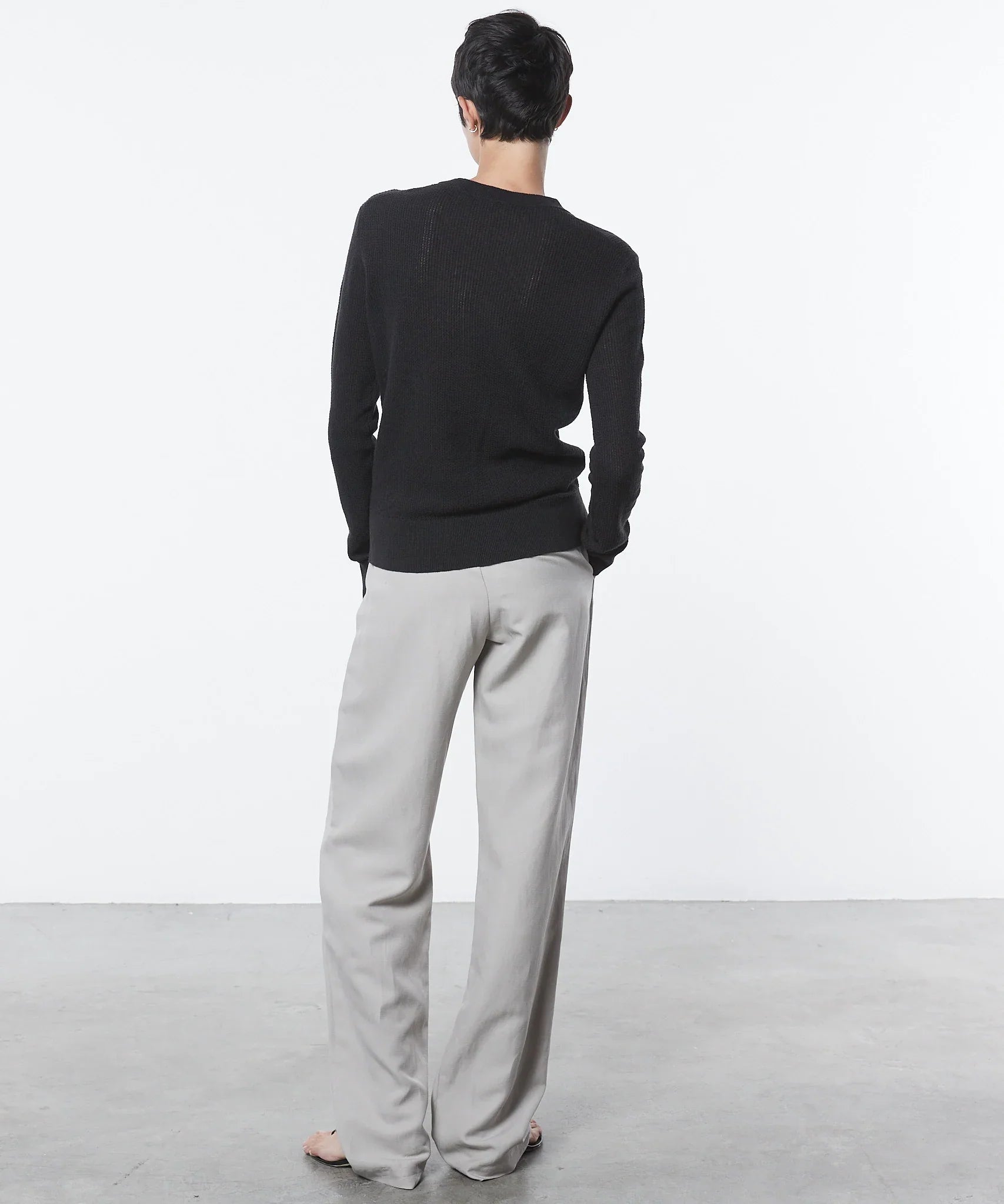 Enza Costa Linen Open Knit Crewneck Sweater - Black