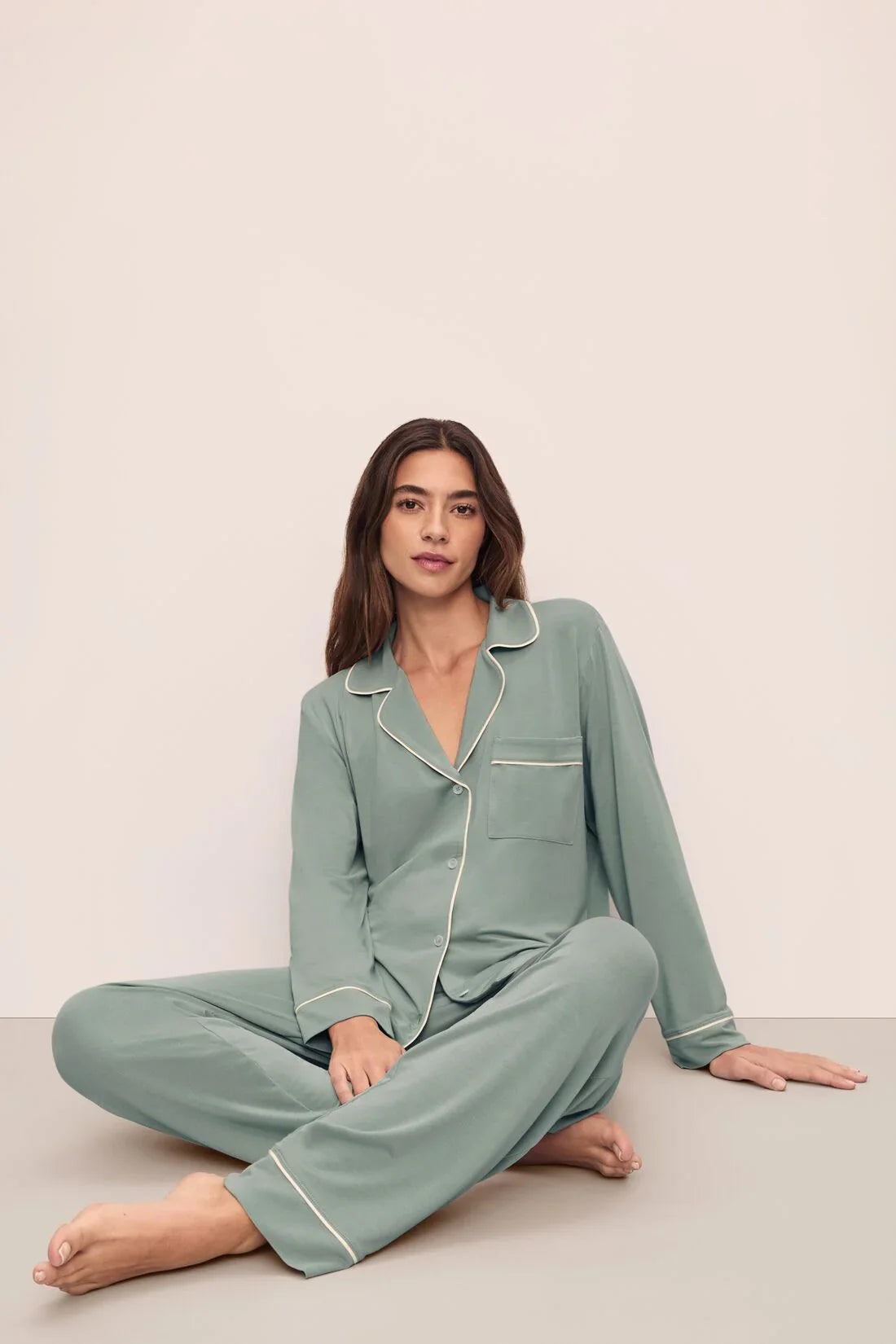Eberjey Gisele Long PJ Set - Eucalyptus / Ivory