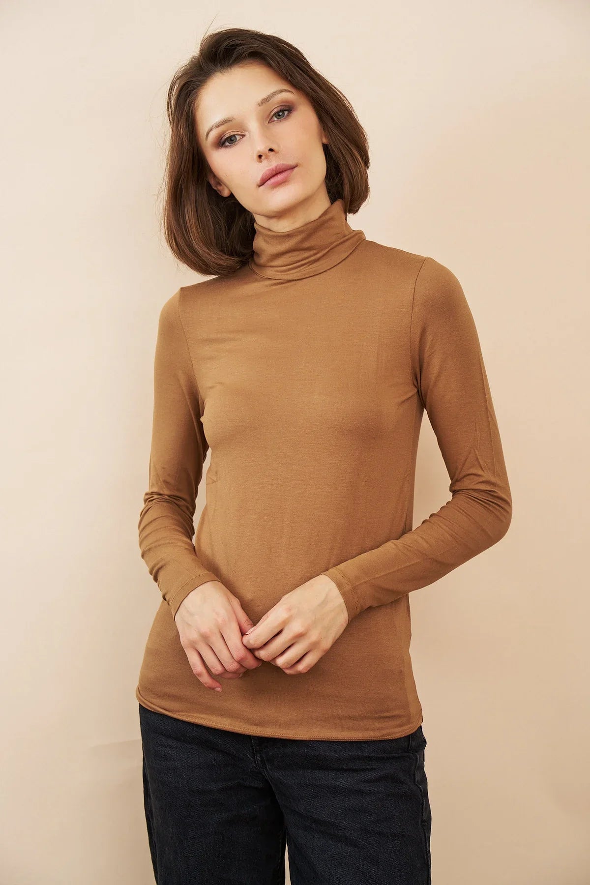 Majestic Filatures Soft Touch Long Sleeve Turtleneck - Camel