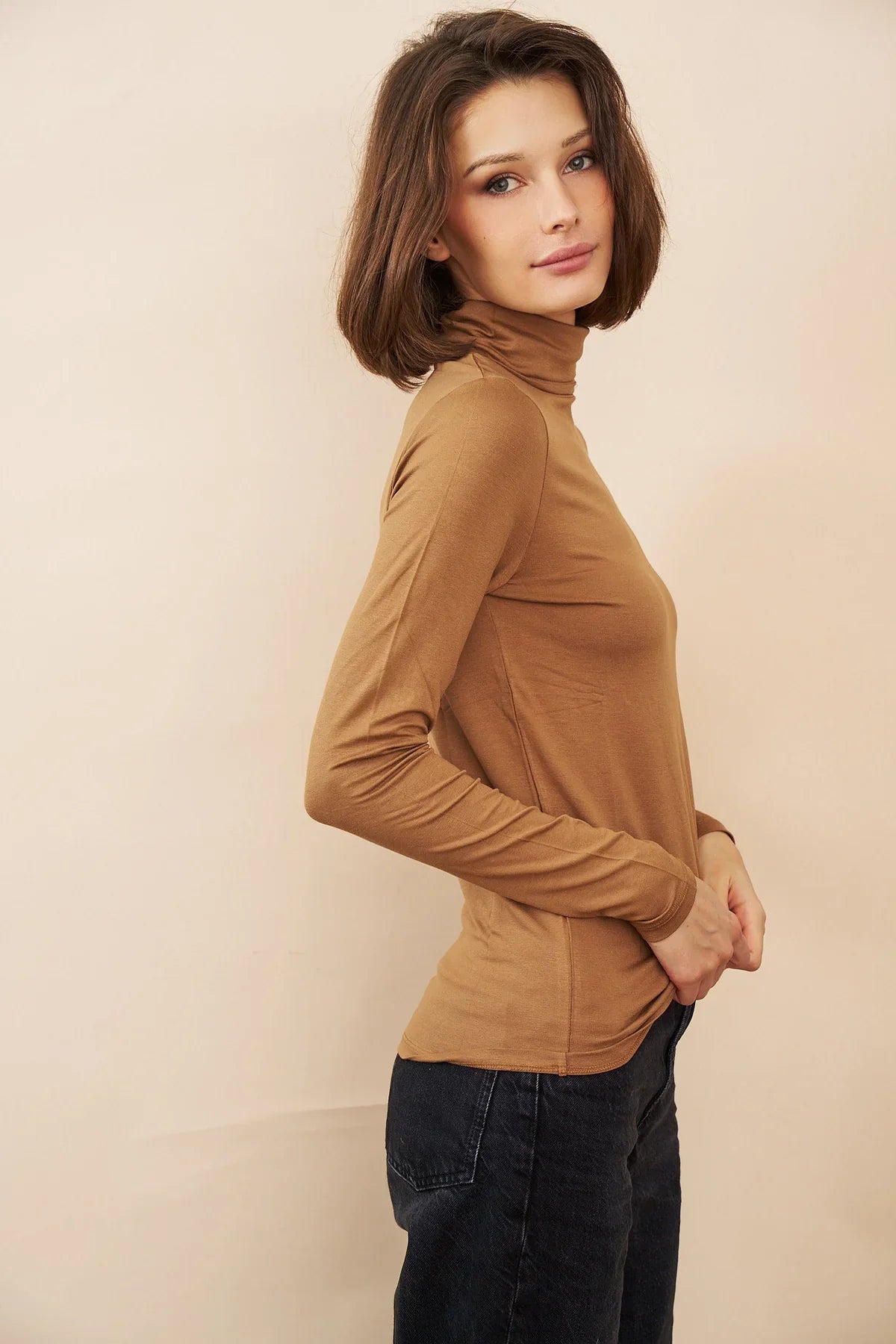 Majestic Filatures Soft Touch Long Sleeve Turtleneck - Camel