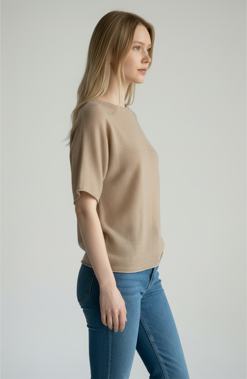 Majestic Filatures Cashmere Silk Elbow Sleeve Crewneck Top - Desert