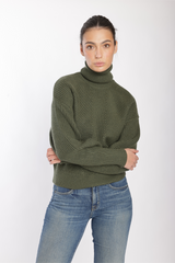 Majestic Filatures Merino Rib Long Sleeve Mock Neck Turtleneck - Kaki Chine