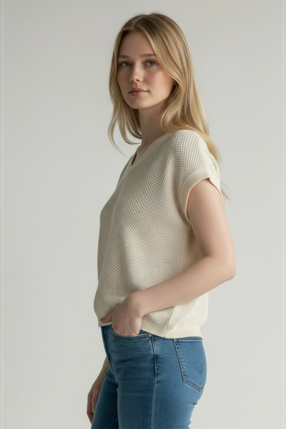 Majestic Filatures Organic Cotton Knit Cap Sleeve V-Neck Top - Milk