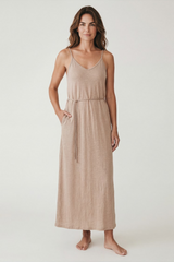 Majestic Filatures Stretch Linen Maxi Dress With Cord Strap & Tie - Desert
