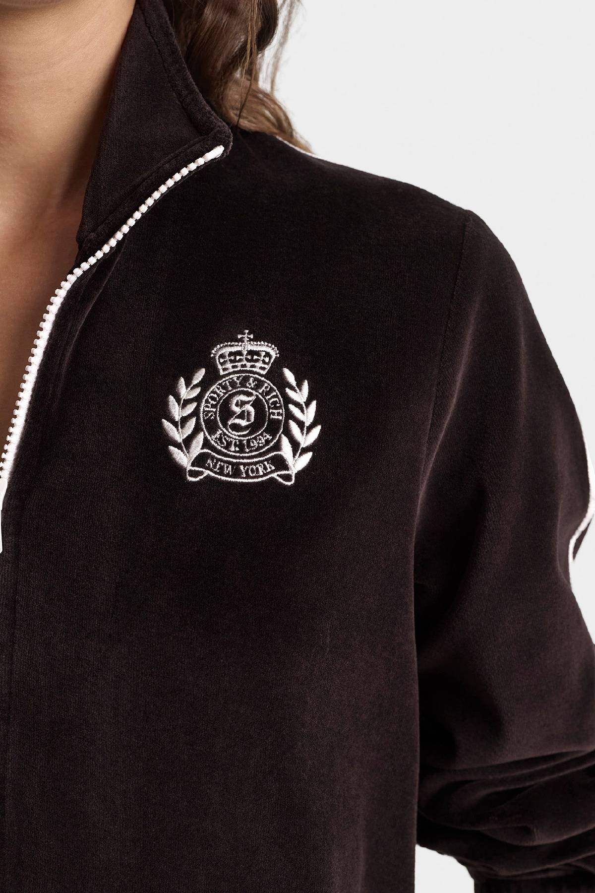 Sporty & Rich NY Crest Elio Velour Track Jacket - Chocolate
