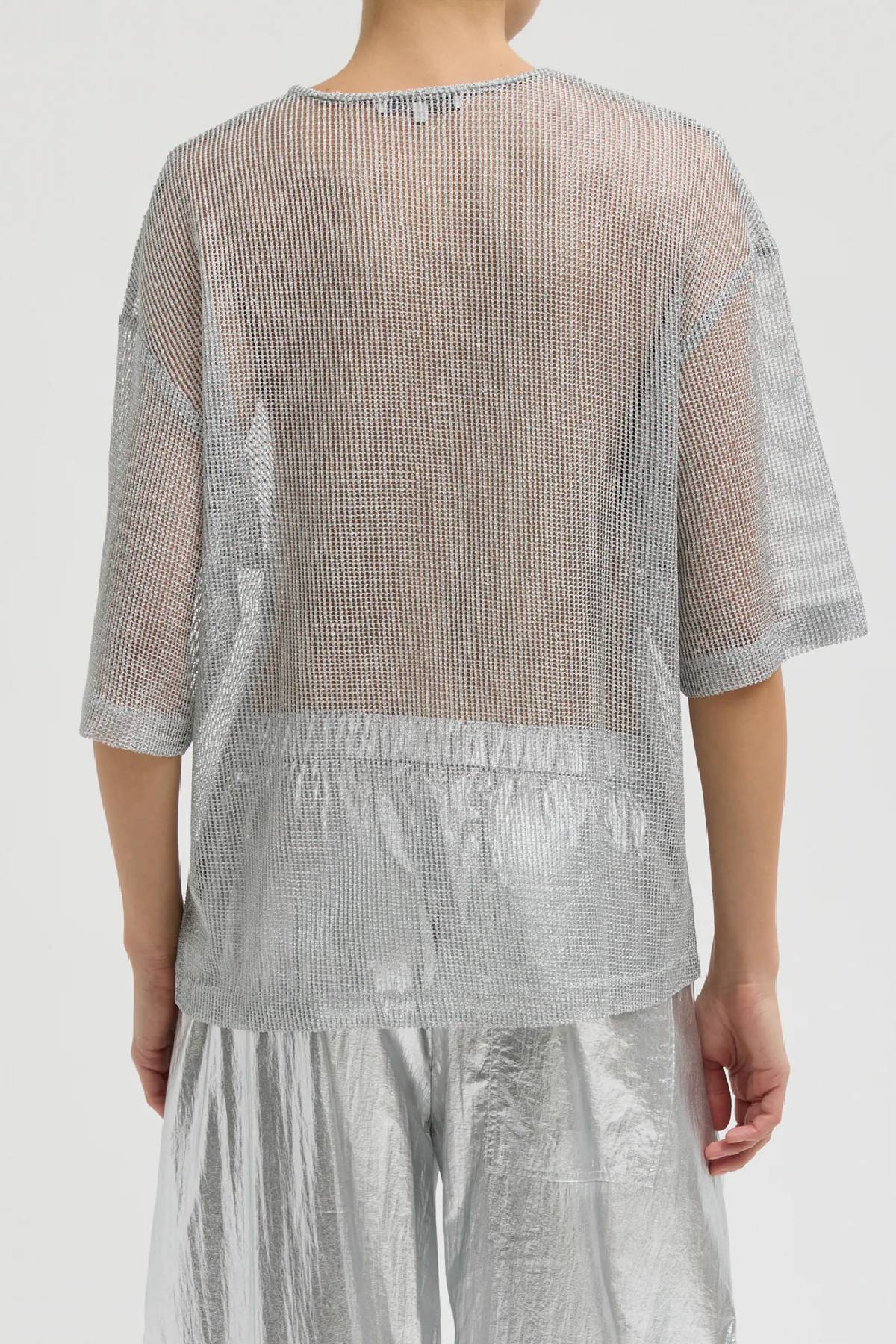 Tibi Viscose Metallic Mesh Easy T-Shirt - Silver