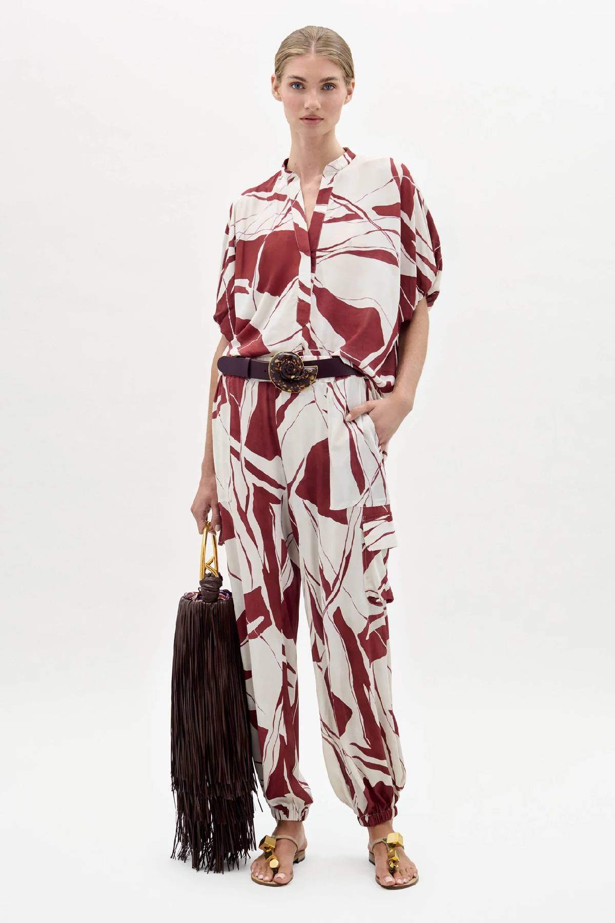 Silvia Tcherassi Jess Pant - Beige Burgundy Abstract