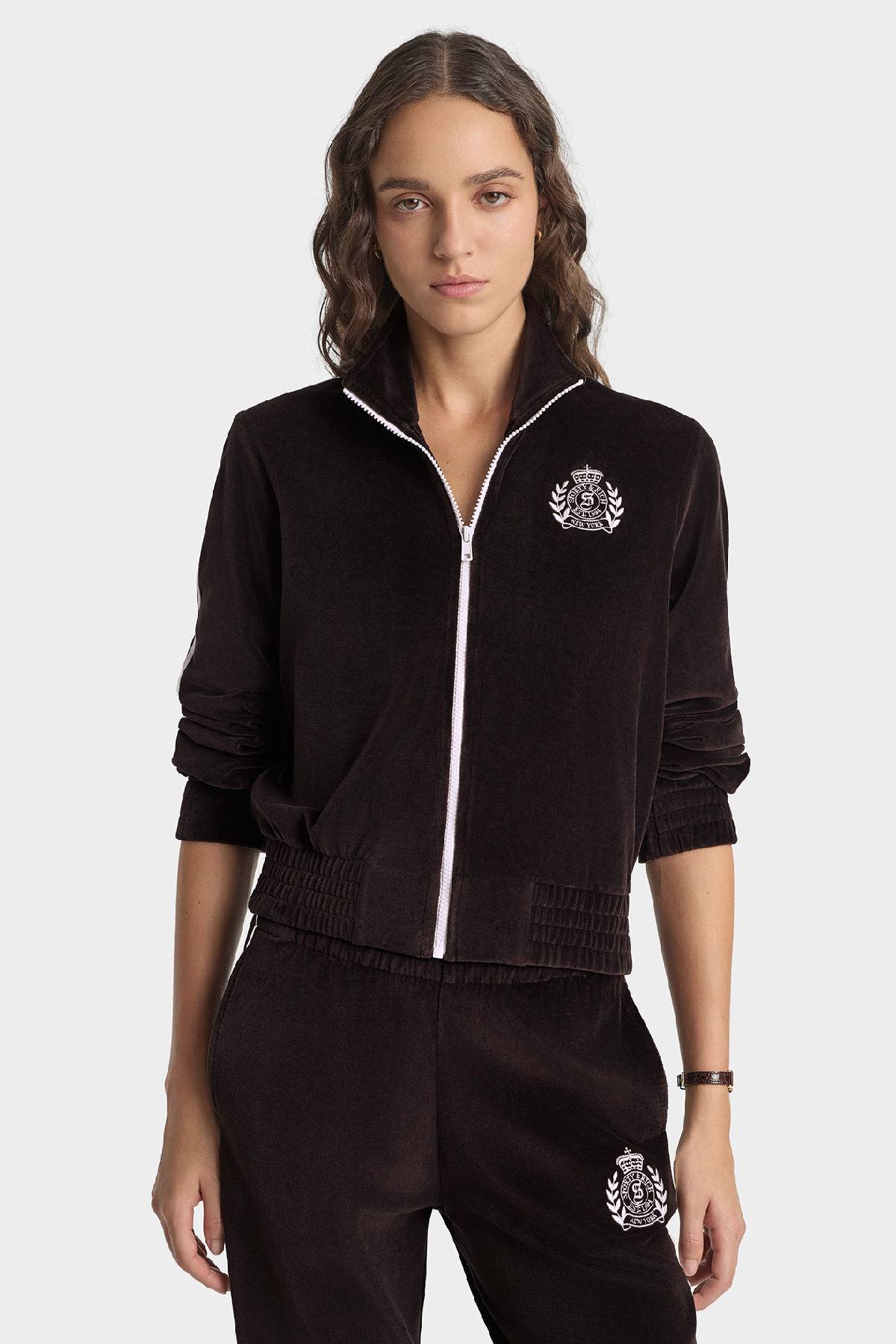 Sporty & Rich NY Crest Elio Velour Track Jacket - Chocolate