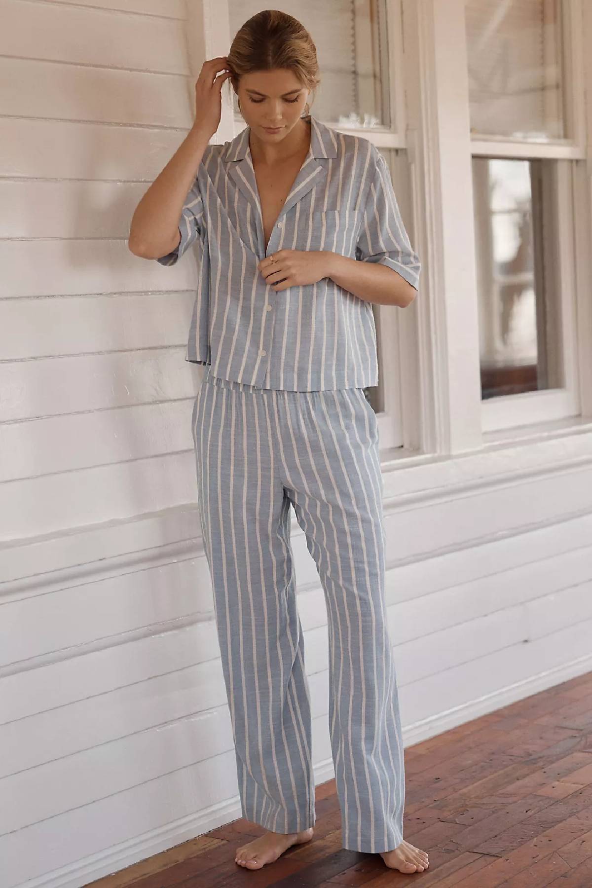 Eberjey Nautico Relaxed Short Sleeve & Pant PJ Set - Classic Stripe Slate Blue/ Ivory