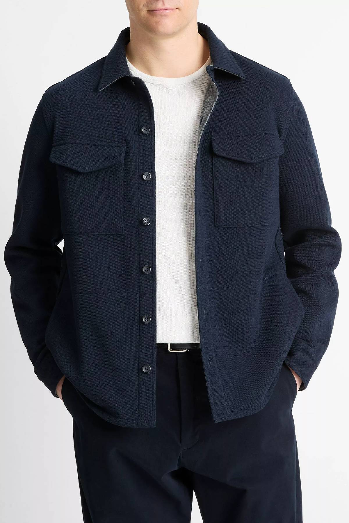Vince Men's Double Knit Cotton Blend Piqué Shirt Jacket - Coastal Blue/ Medium Grey