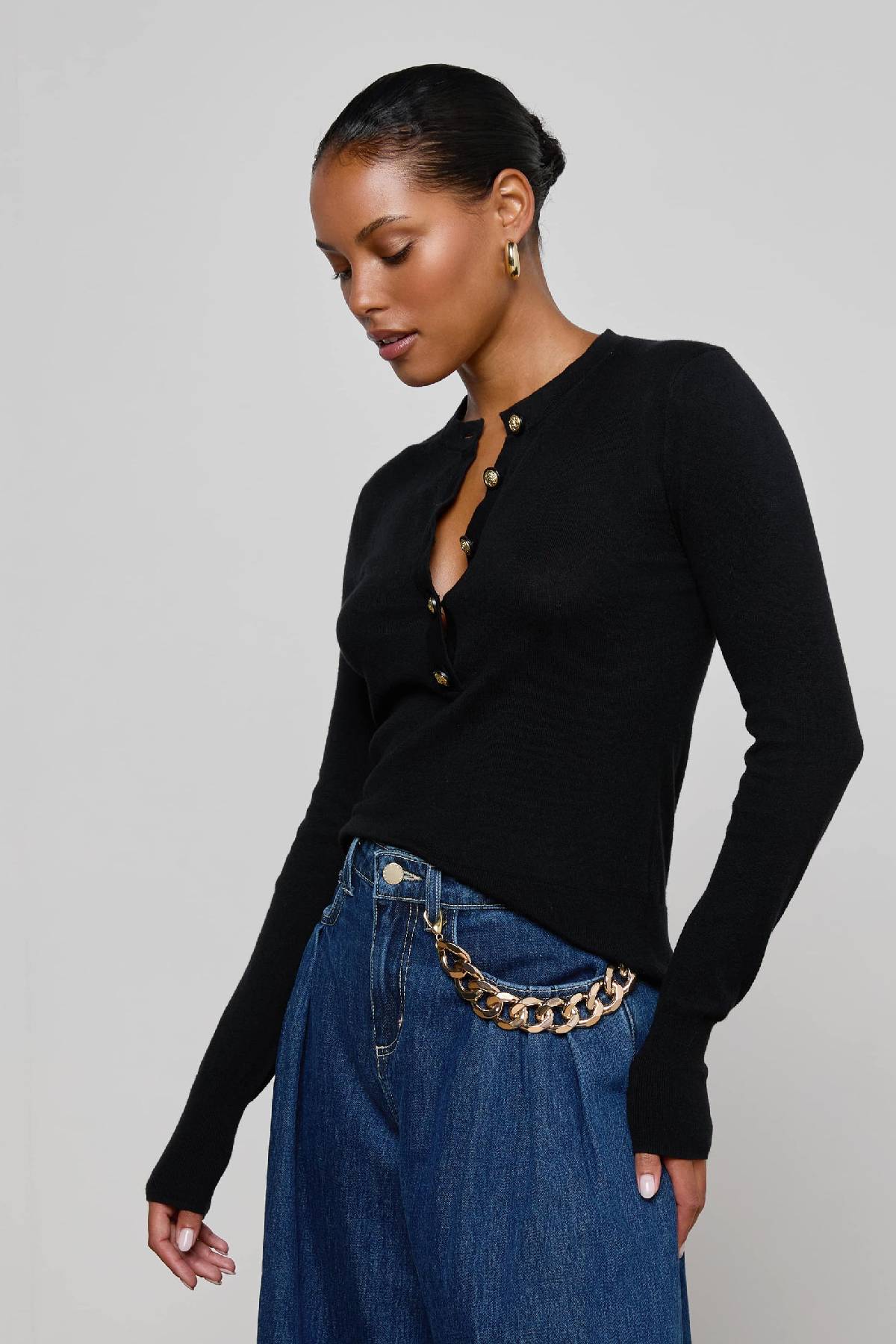 L'AGENCE Ronda Knit Henley Top - Black/ Gold