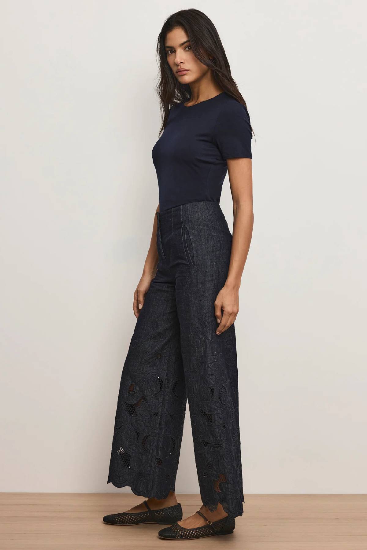Veronica Beard Osborne Wide Leg Eyelet Pant - Indigo Rinse