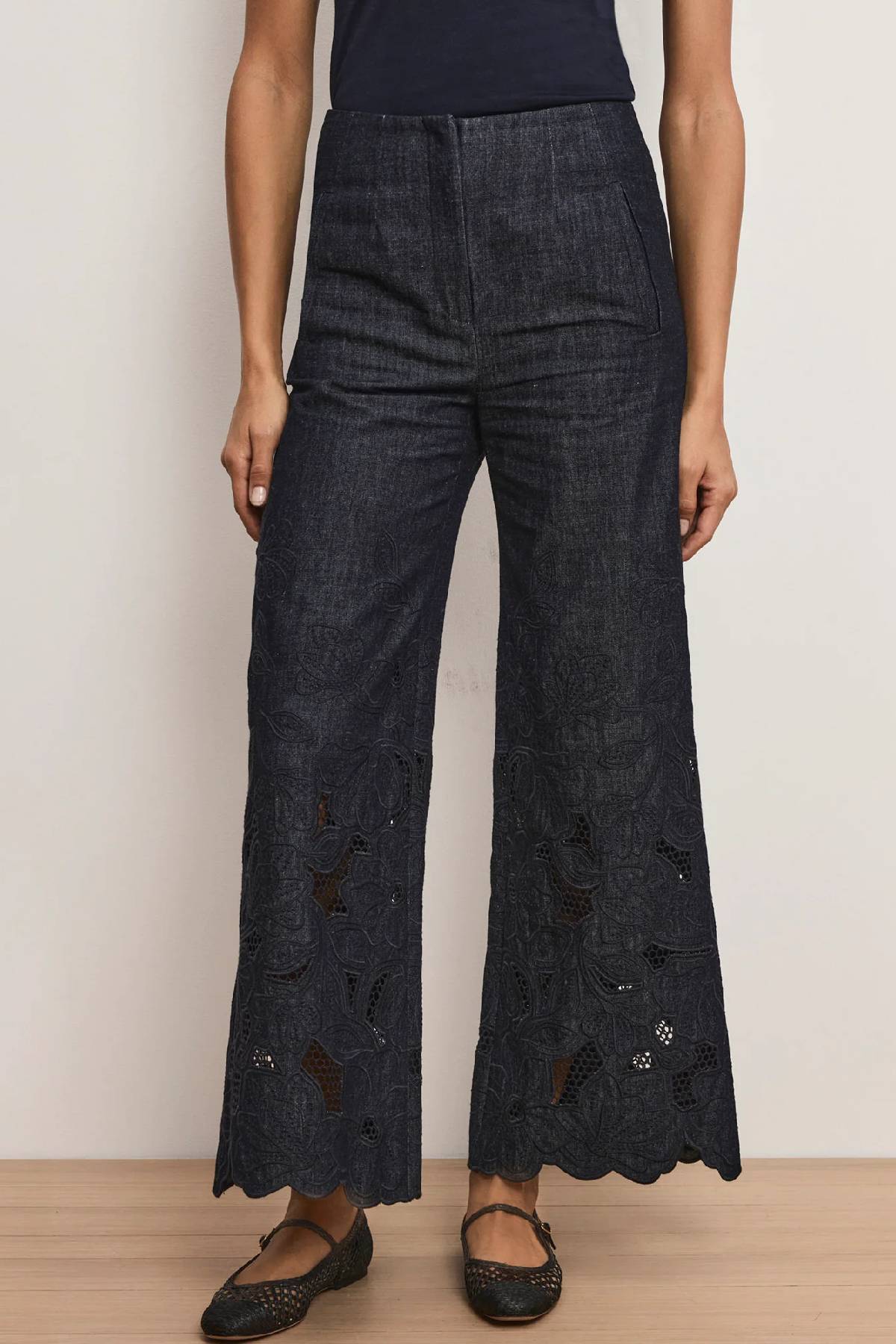 Veronica Beard Osborne Wide Leg Eyelet Pant - Indigo Rinse