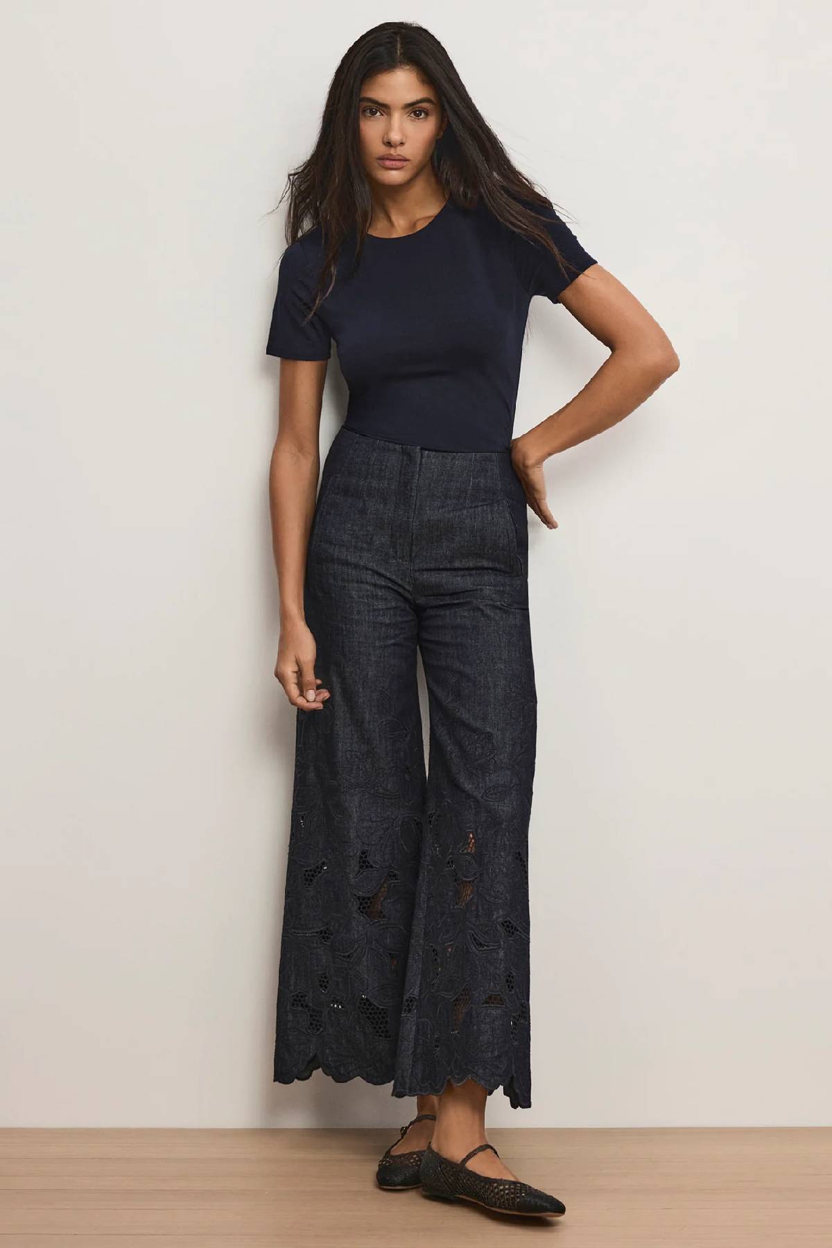 Veronica Beard Osborne Wide Leg Eyelet Pant - Indigo Rinse