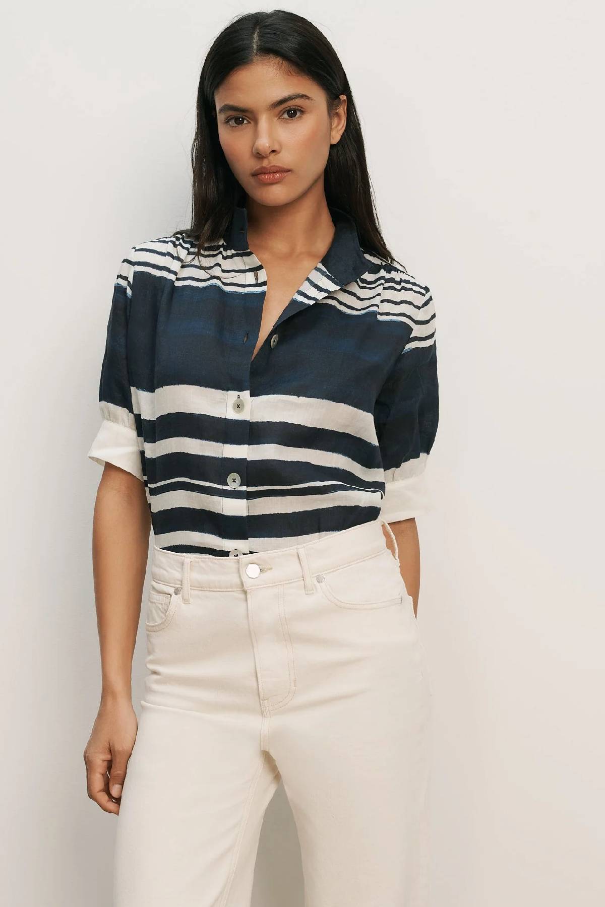 Veronica Beard Hollandale Button-Down Shirt - Navy/ Dove White