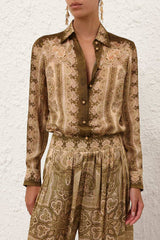 Zimmermann Luna Satin Shirt - Olive Perla Paisley