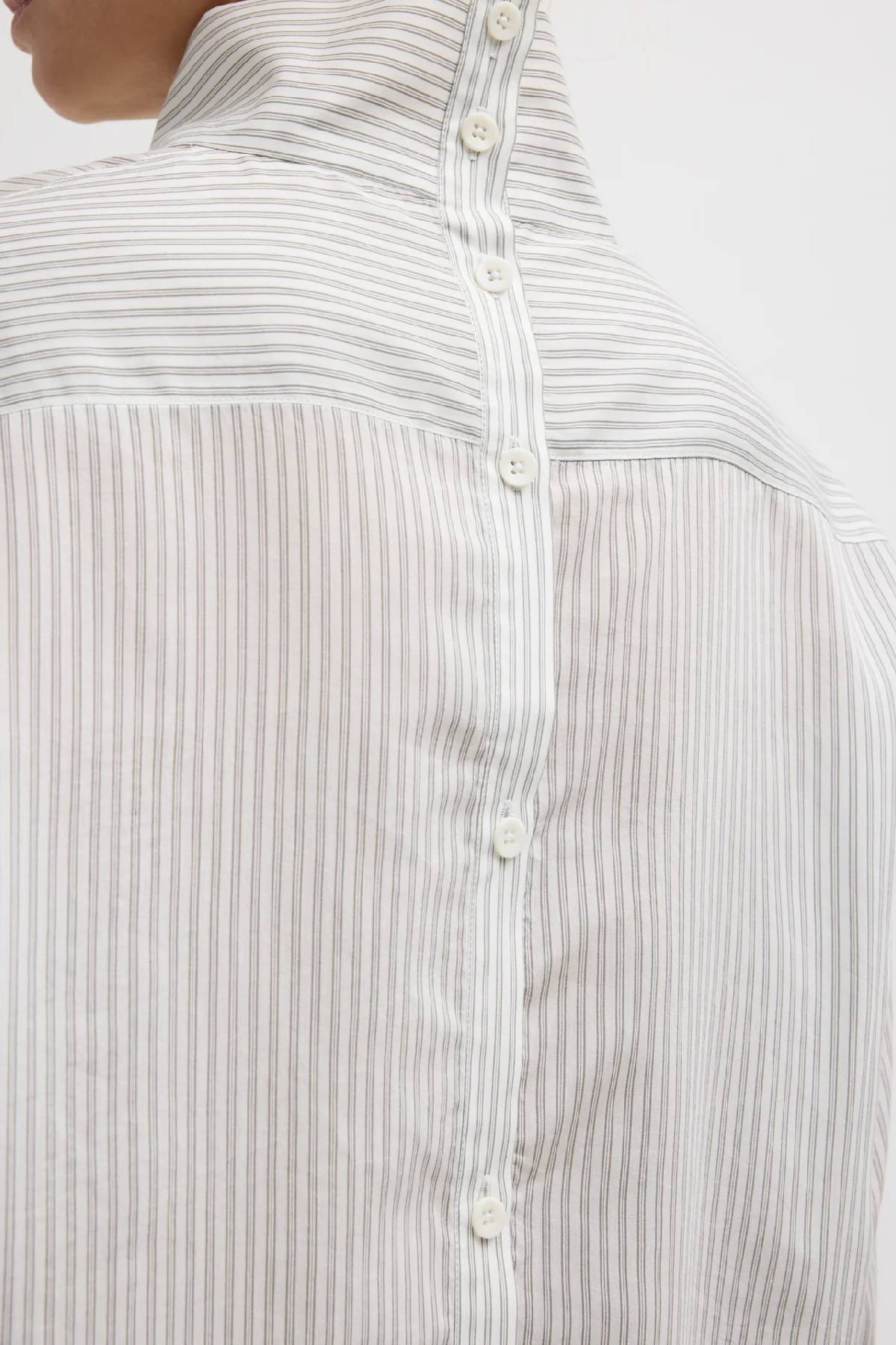 Tibi Ultra Light Silk Tencel Striped Funnel Neck Shirt - White Grey Multi