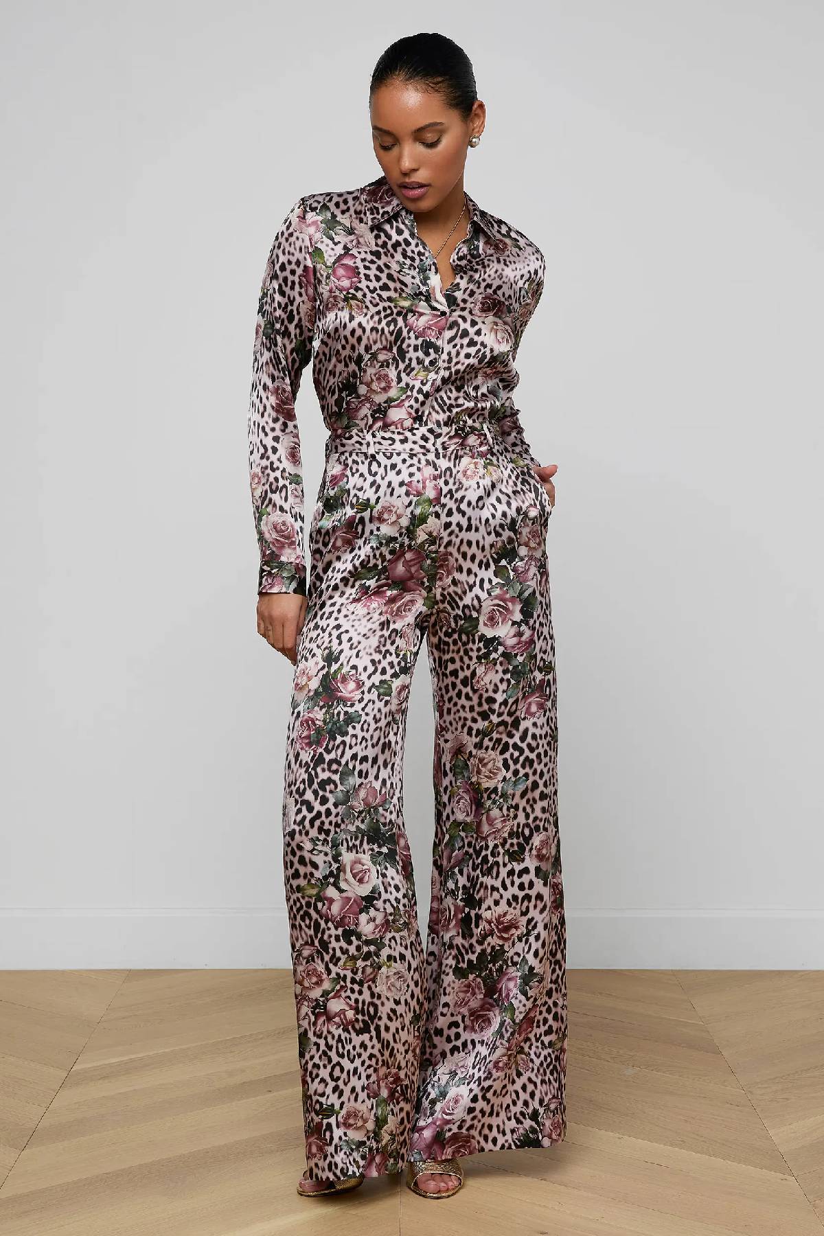 L'AGENCE Pilar Wide Leg Pant - Multi Small Rose Cheetah