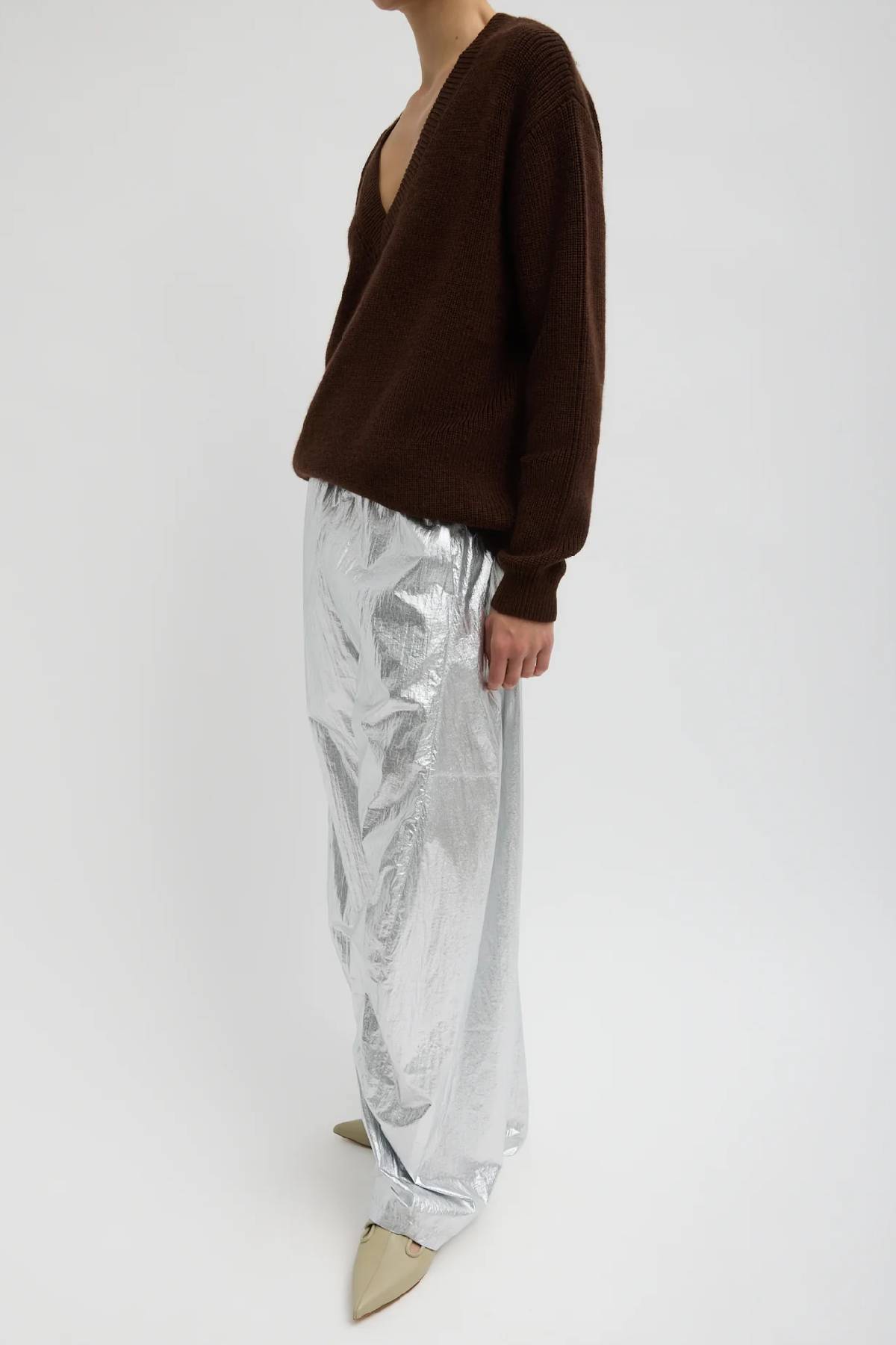 Tibi Silver Metallic Nylon Winslow Pant - Silver