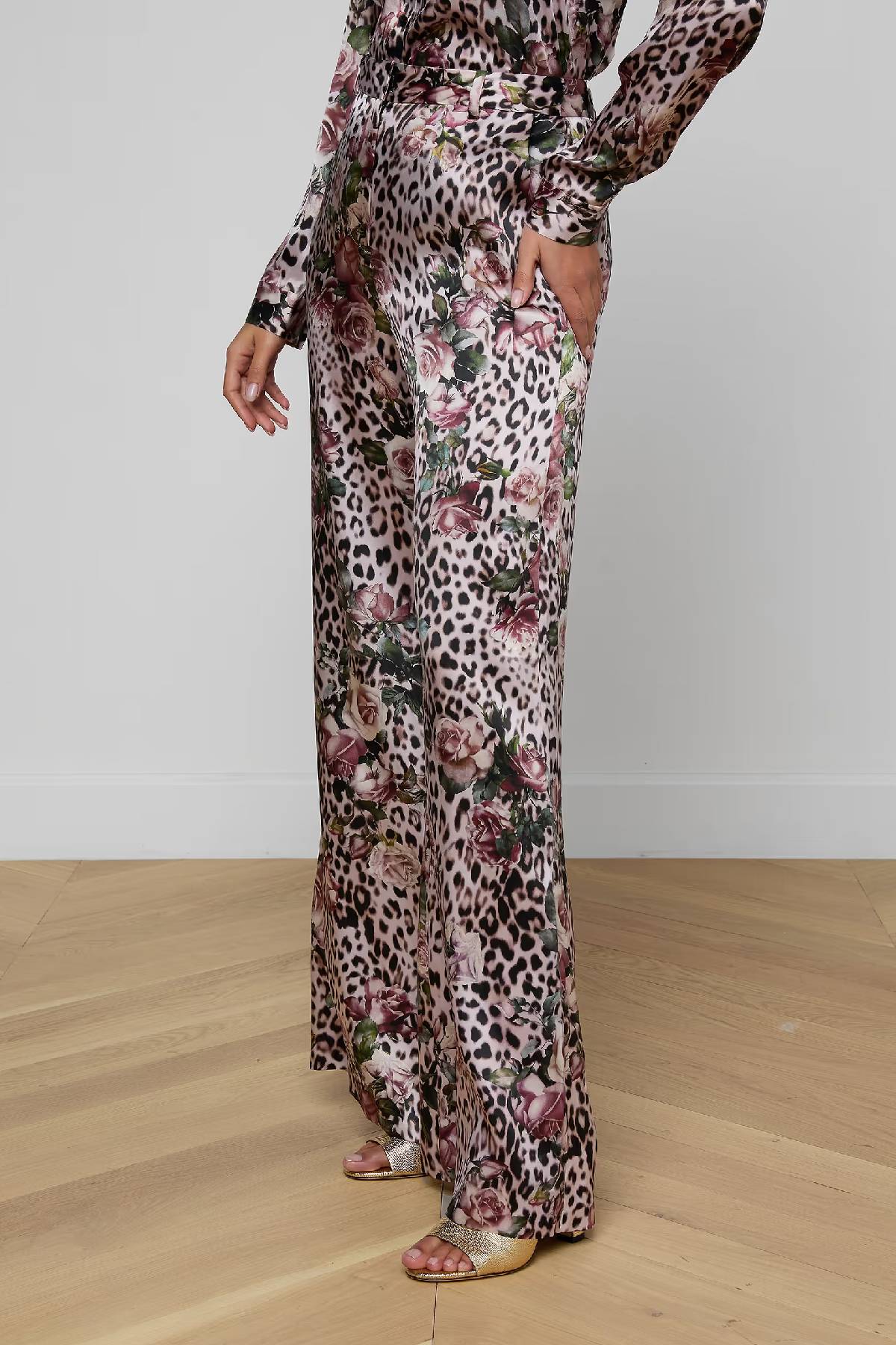 L'AGENCE Pilar Wide Leg Pant - Multi Small Rose Cheetah