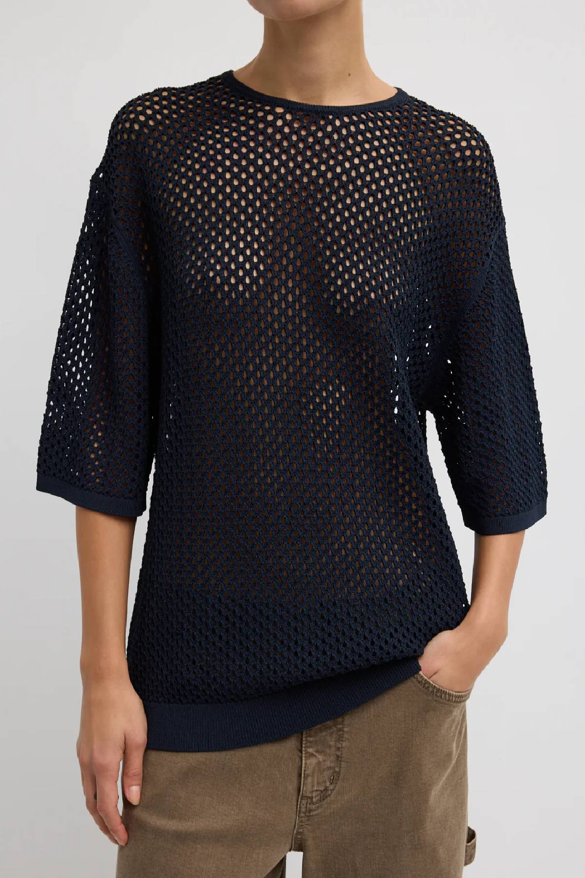 Tibi Crochet Netting Oversized Easy T-Shirt - Navy