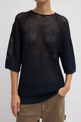 Tibi Crochet Netting Oversized Easy T-Shirt - Navy