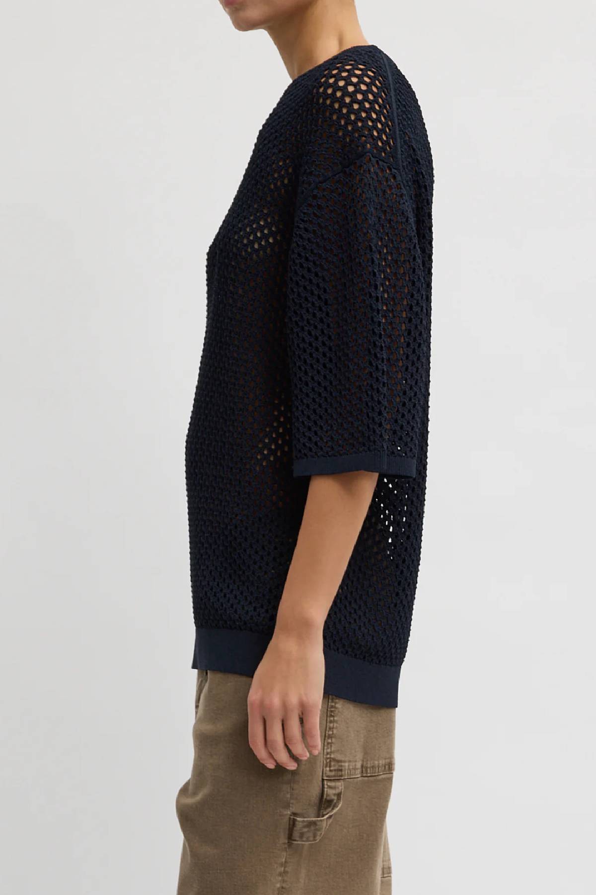 Tibi Crochet Netting Oversized Easy T-Shirt - Navy