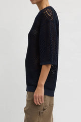 Tibi Crochet Netting Oversized Easy T-Shirt - Navy