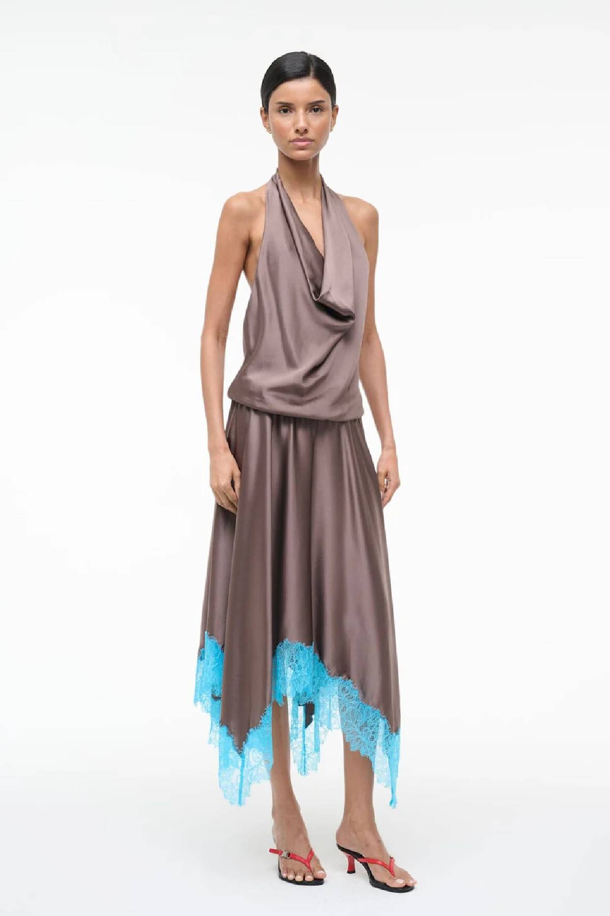 Staud Elira Silk Midi Dress - Mink/ Pool