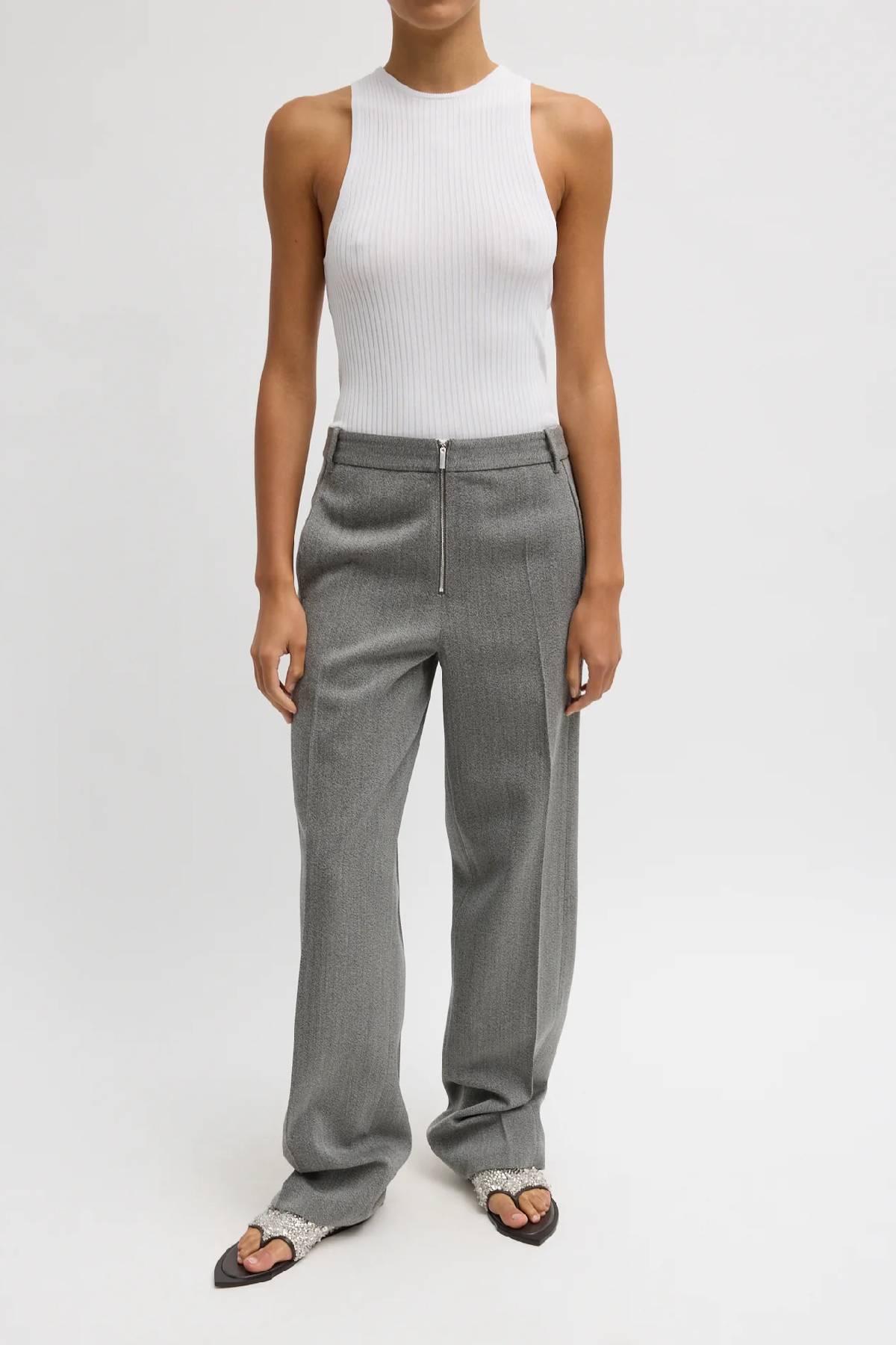 Tibi Structured Wool Zip Front Trouser - Grey Multi