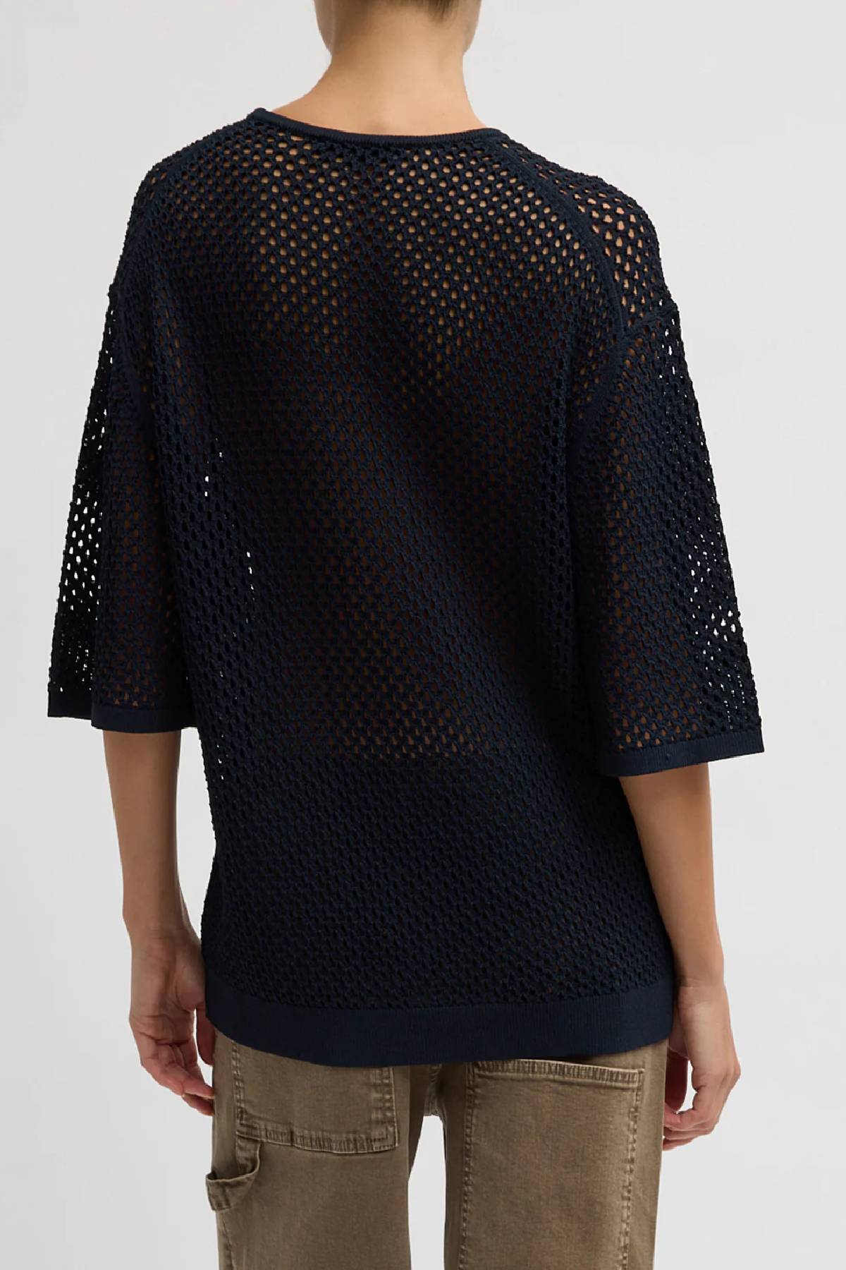 Tibi Crochet Netting Oversized Easy T-Shirt - Navy
