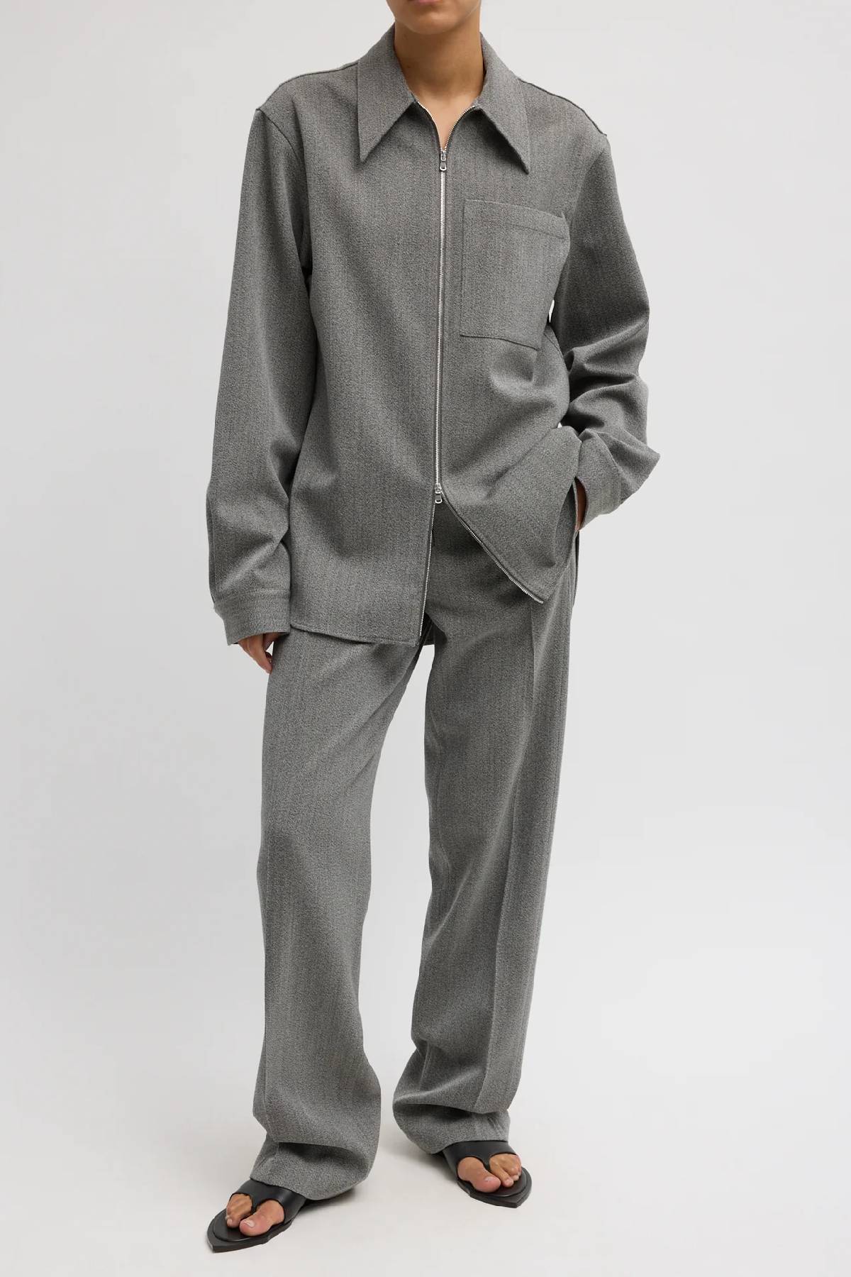 Tibi Structured Wool Zip Front Trouser - Grey Multi