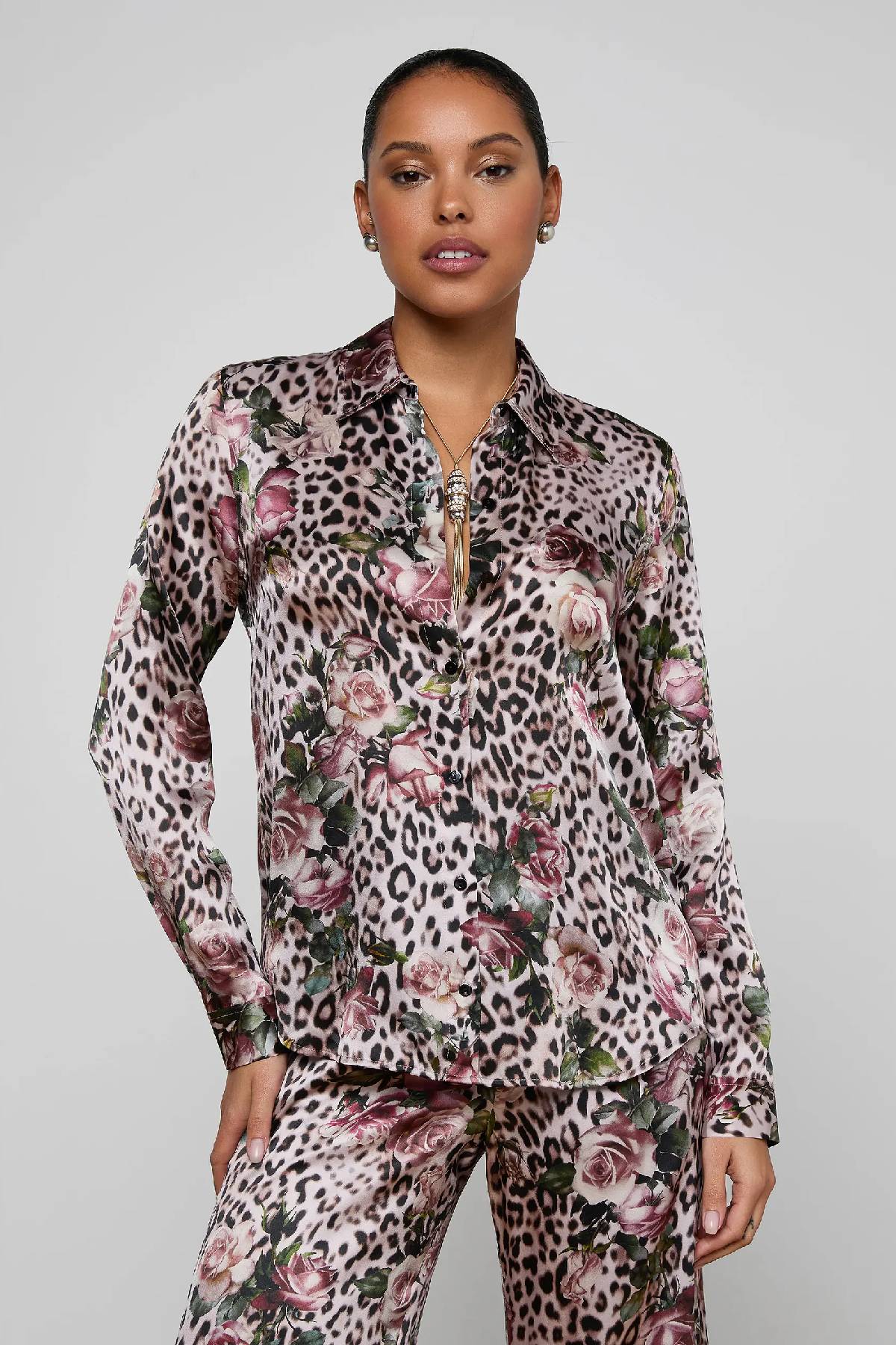 L'AGENCE Tyler Silk Blouse - Multi Small Rose Cheetah