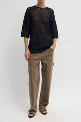 Tibi Crochet Netting Oversized Easy T-Shirt - Navy