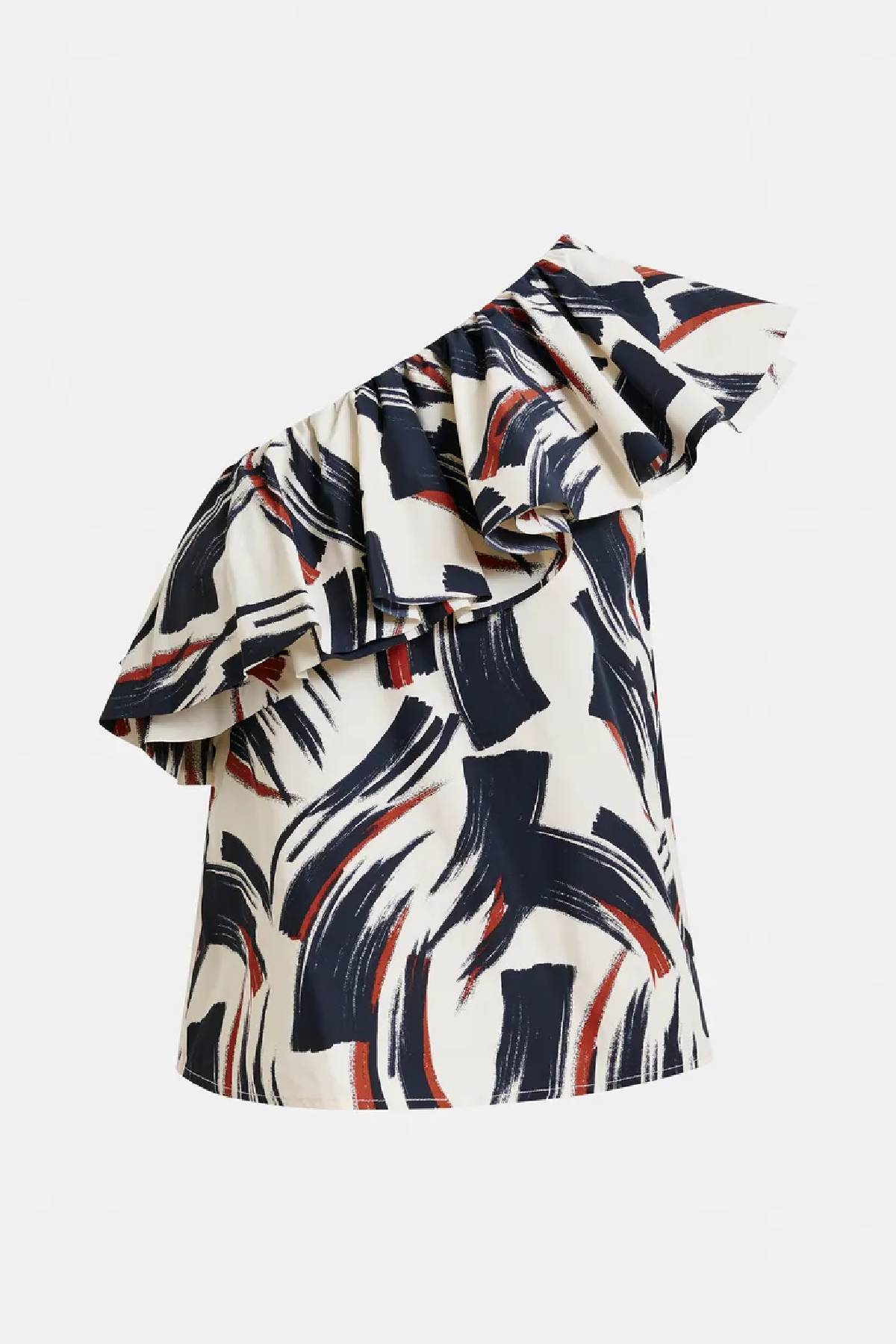 Essentiel Antwerp Asymmetric Ruffle Top - Black/Brown/Off White