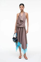 Staud Elira Silk Midi Dress - Mink/ Pool