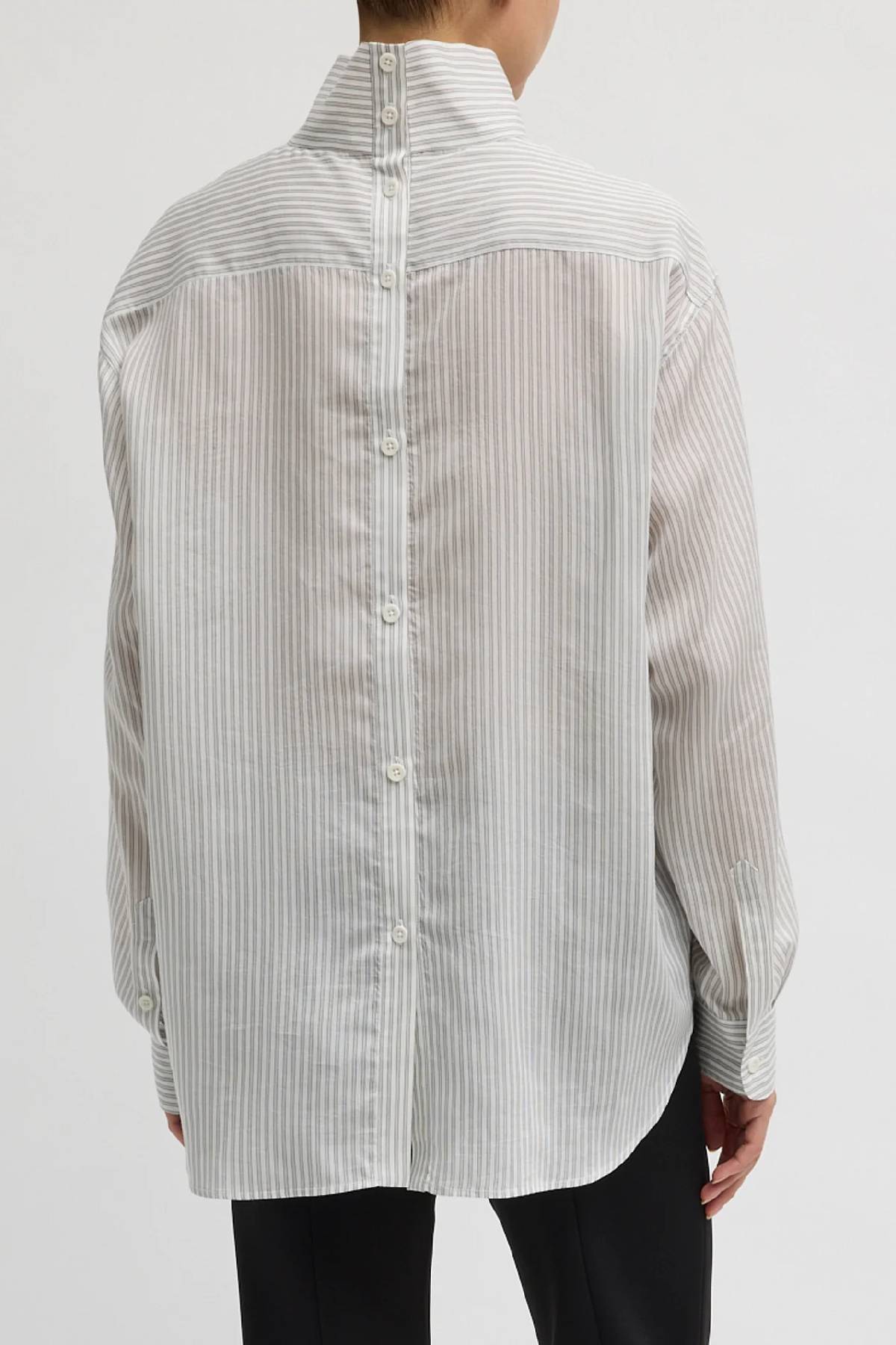 Tibi Ultra Light Silk Tencel Striped Funnel Neck Shirt - White Grey Multi
