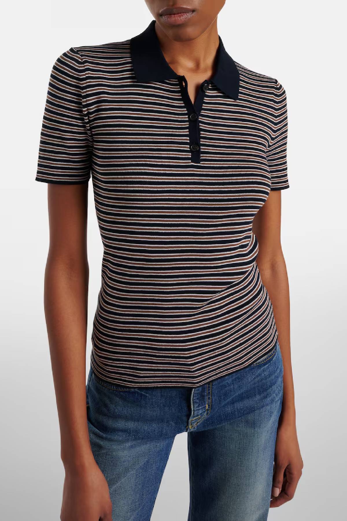 Nili Lotan Gemmatta Stripe Polo - Dark Navy/ Brown Stripe