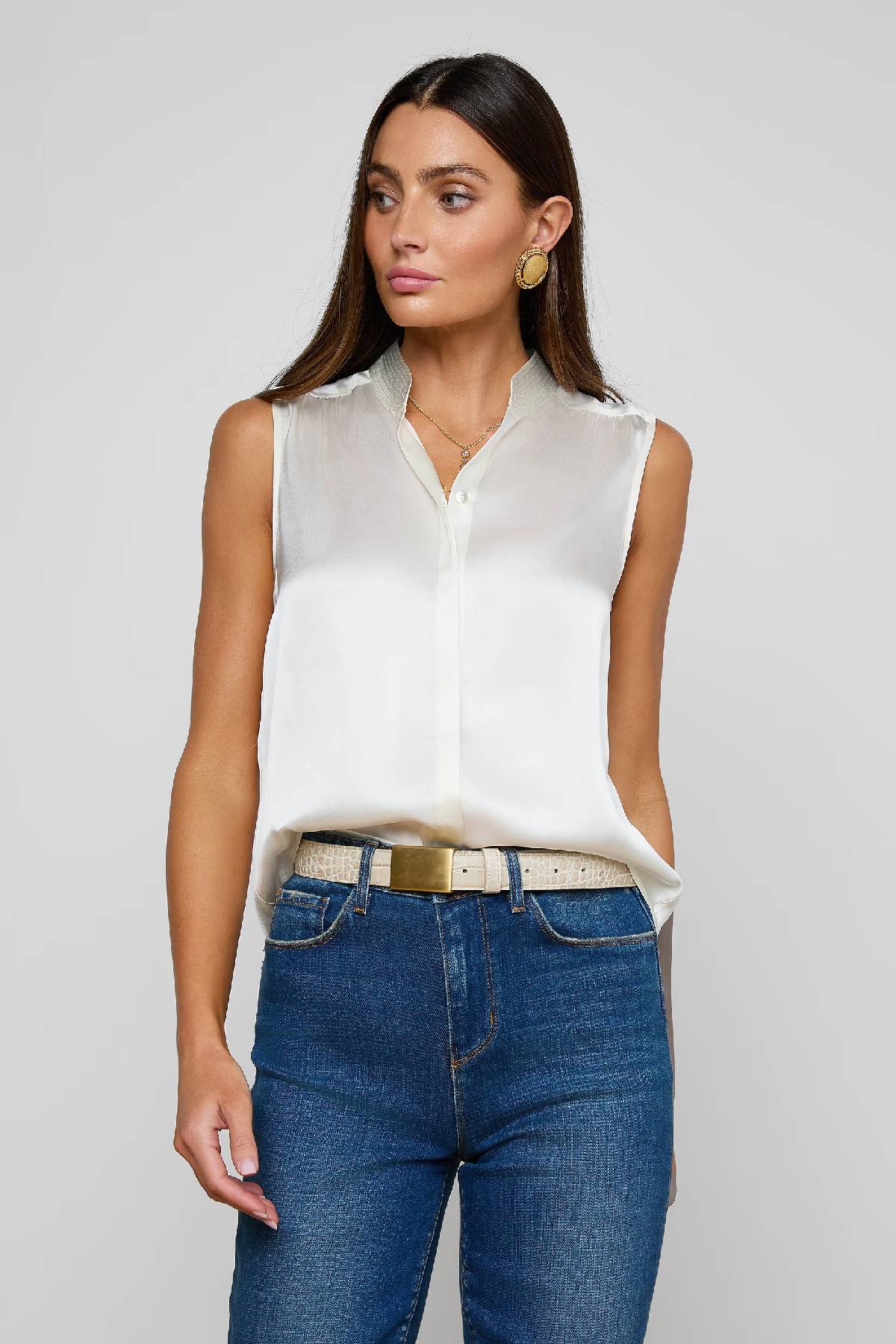 L'AGENCE Phoebe Sleeveless Band Collar Blouse - Ivory