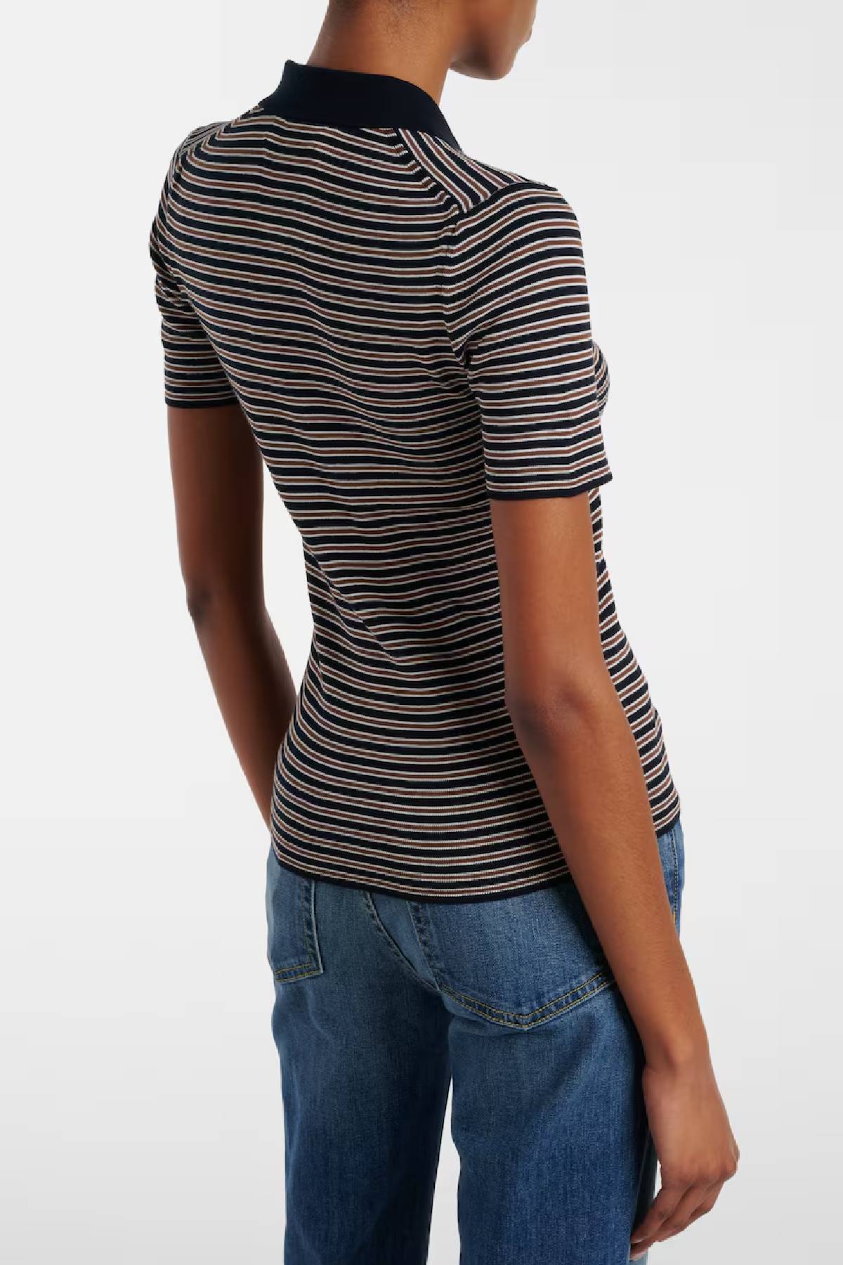 Nili Lotan Gemmatta Stripe Polo - Dark Navy/ Brown Stripe