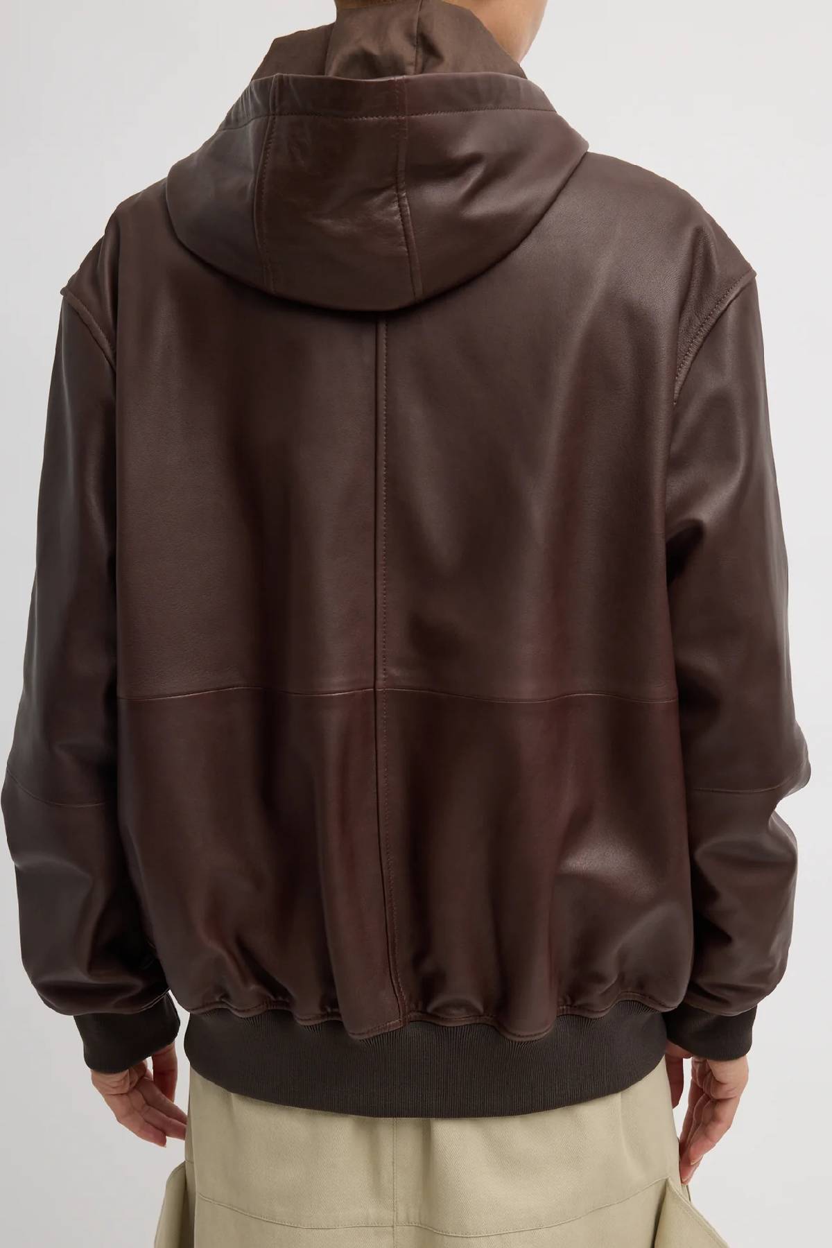 Tibi Leather Zip Up Hoodie Jacket - Brown