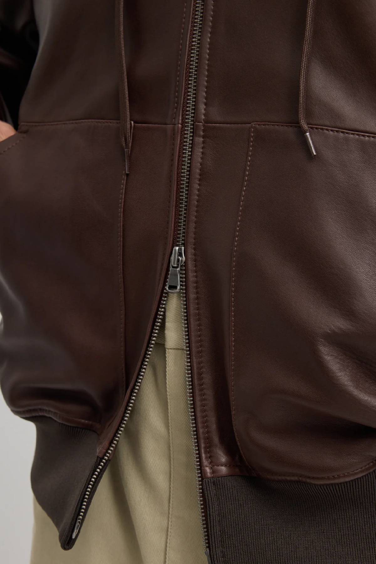 Tibi Leather Zip Up Hoodie Jacket - Brown
