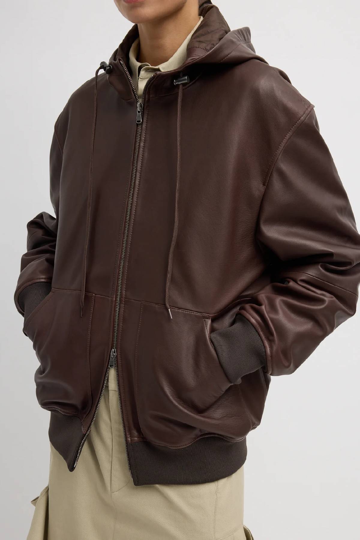 Tibi Leather Zip Up Hoodie Jacket - Brown