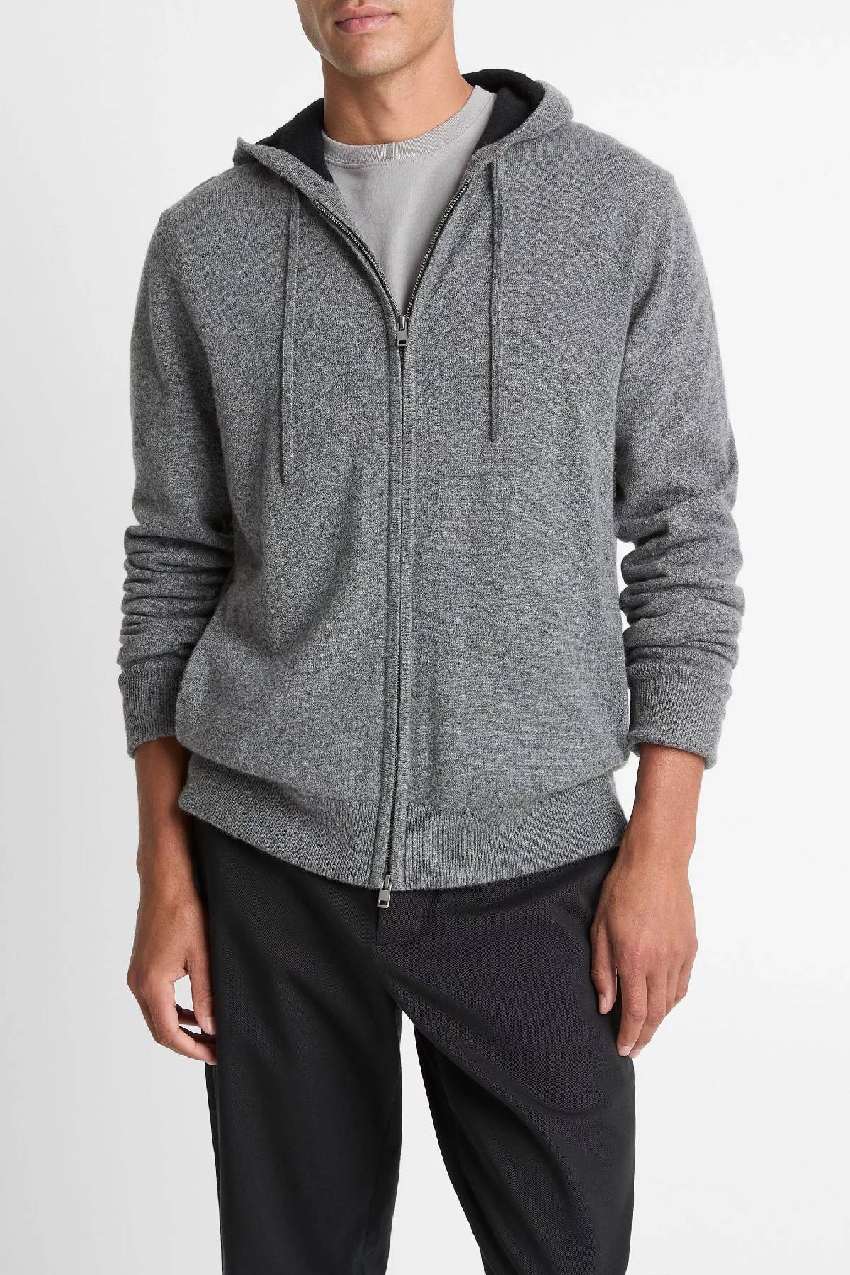 Vince Men's Cashmere Zip Front Hoodie - Medium Heather Grey/ Black