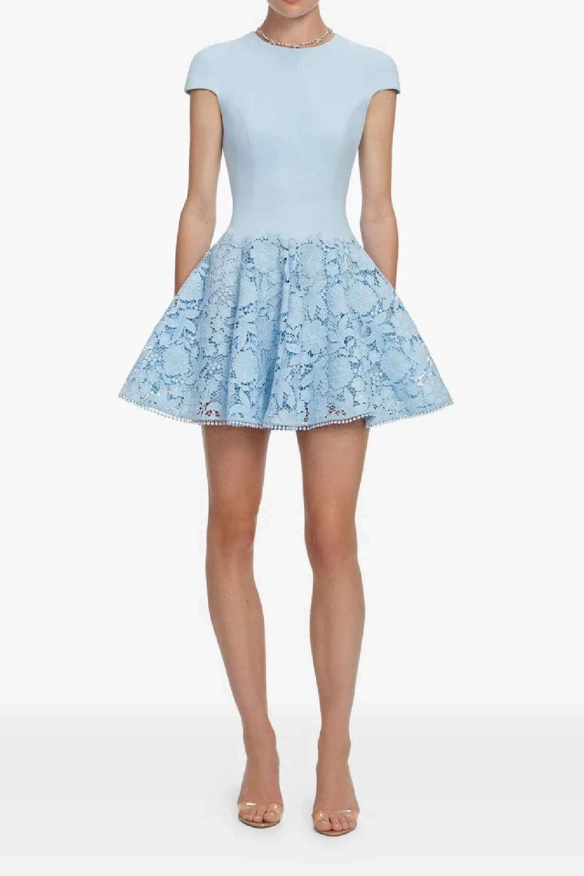 Self-Portrait Blue Crepe Lace Mini Dress - Blue