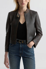 Nili Lotan Nico Shrunken Leather Jacket - Dark Brown