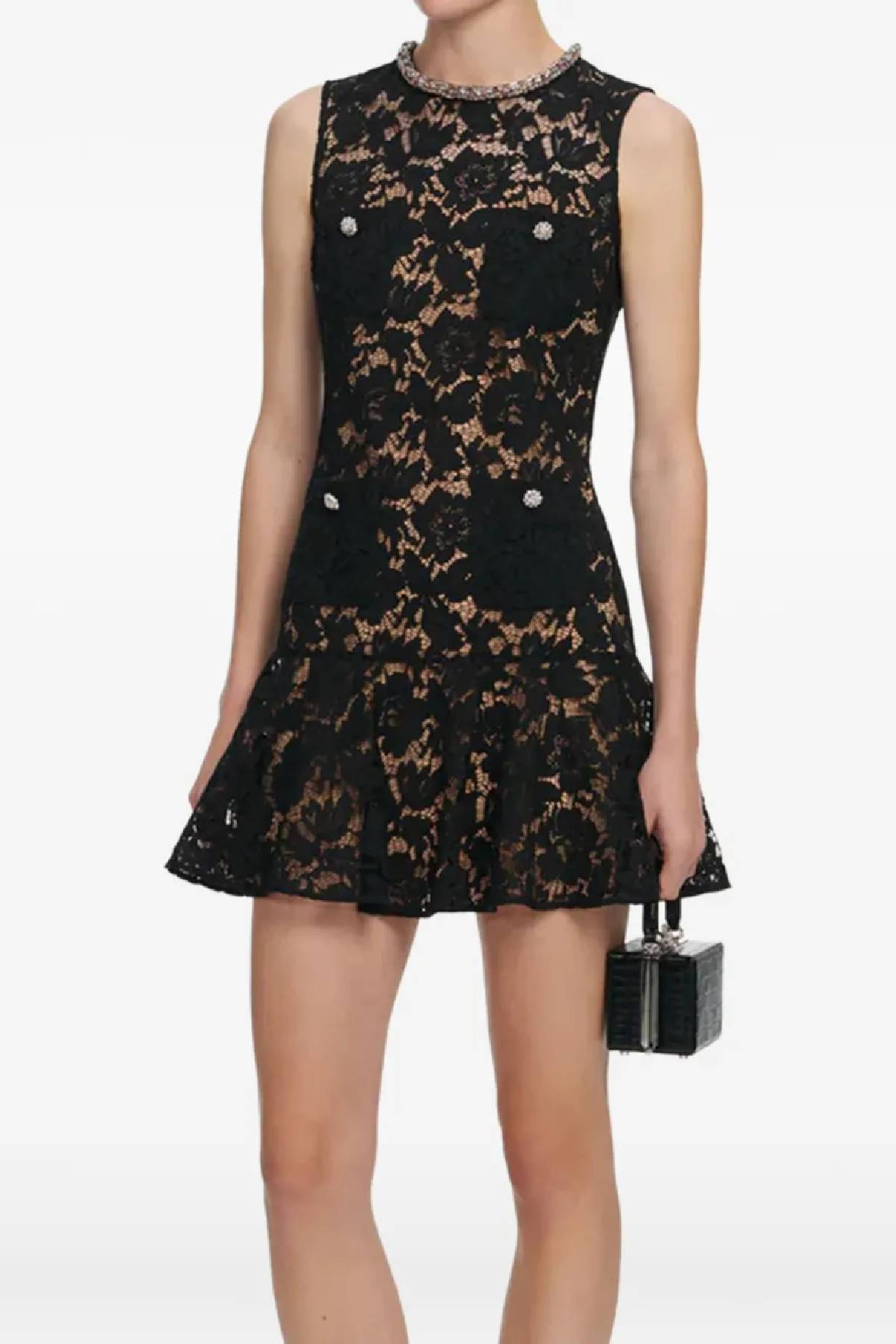 Self-Portrait Black Lace Crystal Mini Dress - Black